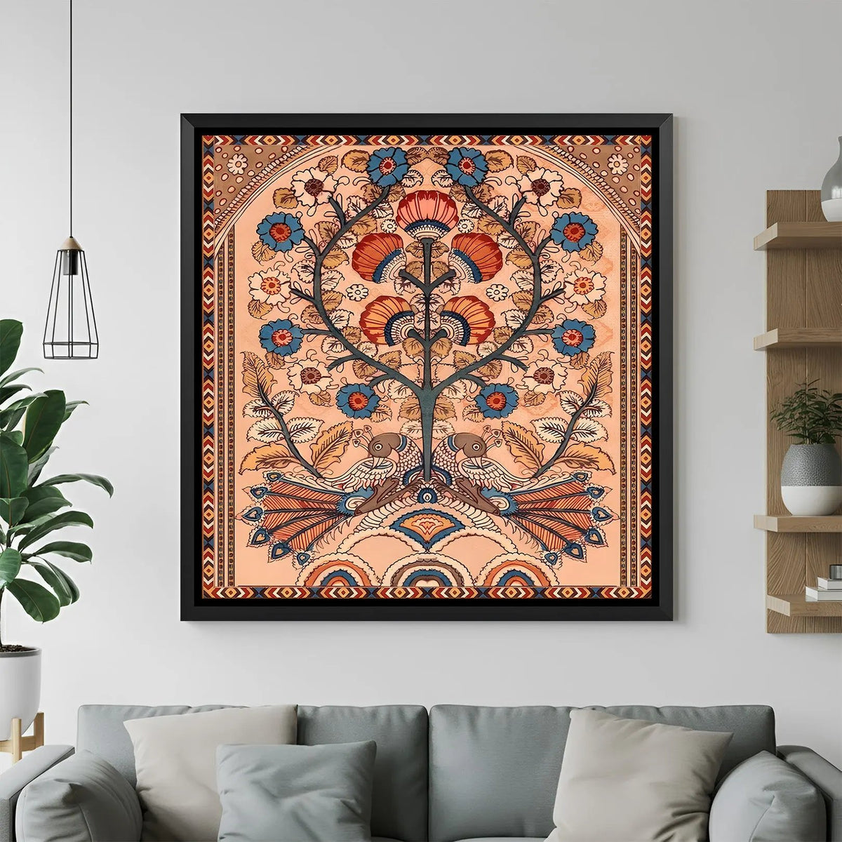 Floral peacock Kalamkari wall painting in elegant black floater frame for ethnic and luxury interiors