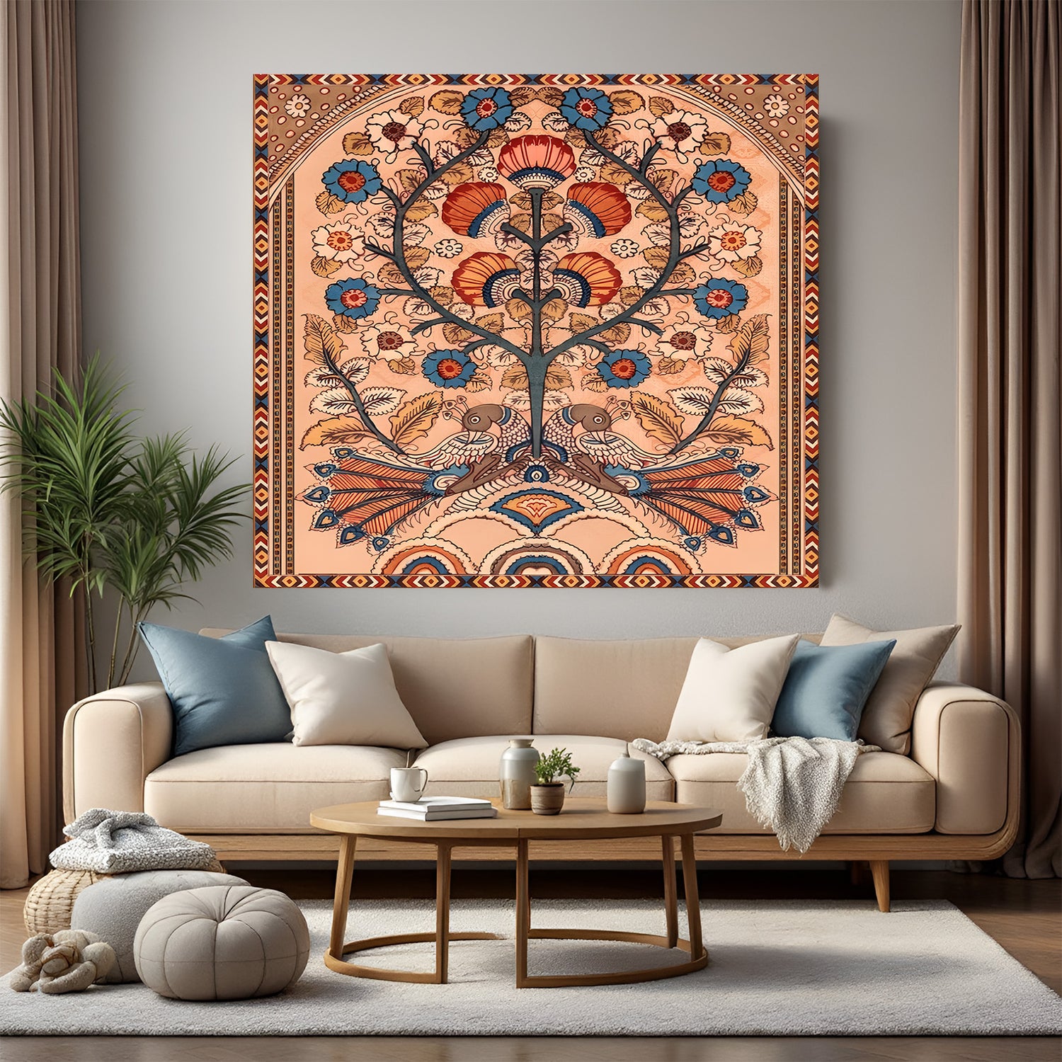 Floral peacock Kalamkari canvas wall art in premium canvas wrapped frame with intricate botanical detailing