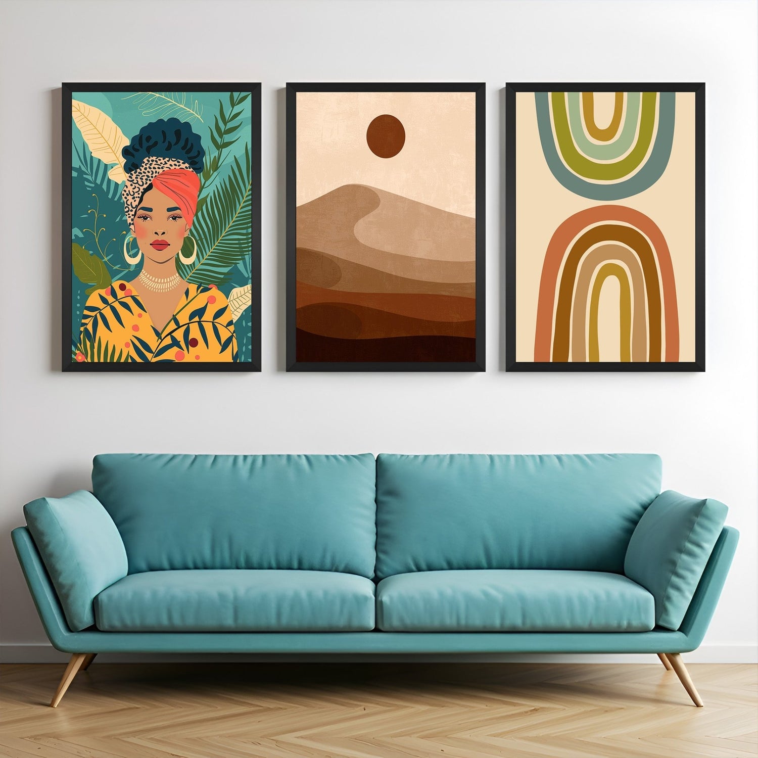 Set of 3 canvas prints with bohemian woman portrait, desert landscape, and minimal shapes in warm hues – perfect for earthy calm wall decor