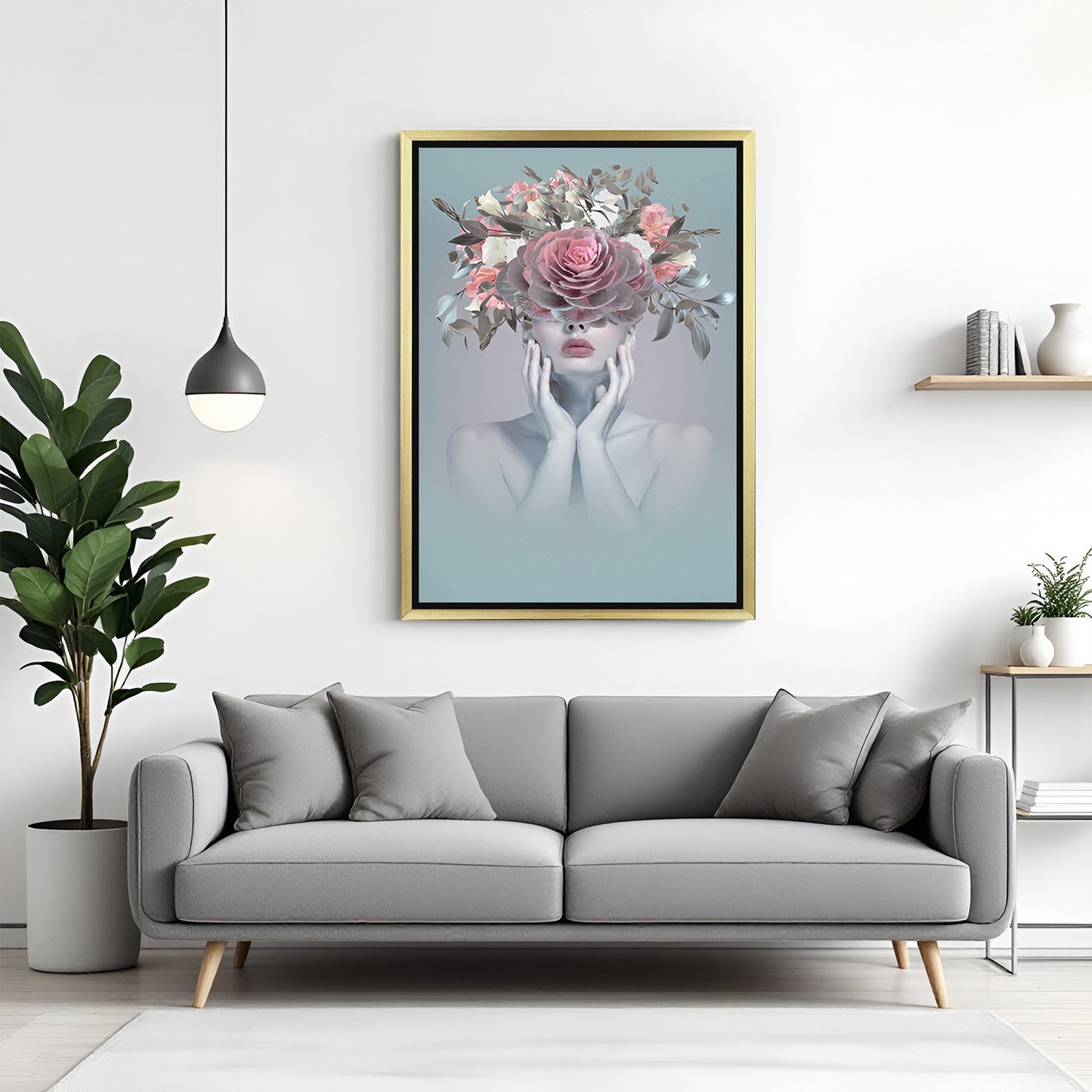 Golden-framed modern canvas featuring flowers emerging from a woman’s face—expressive and symbolic floral wall art for stylish contemporary spaces