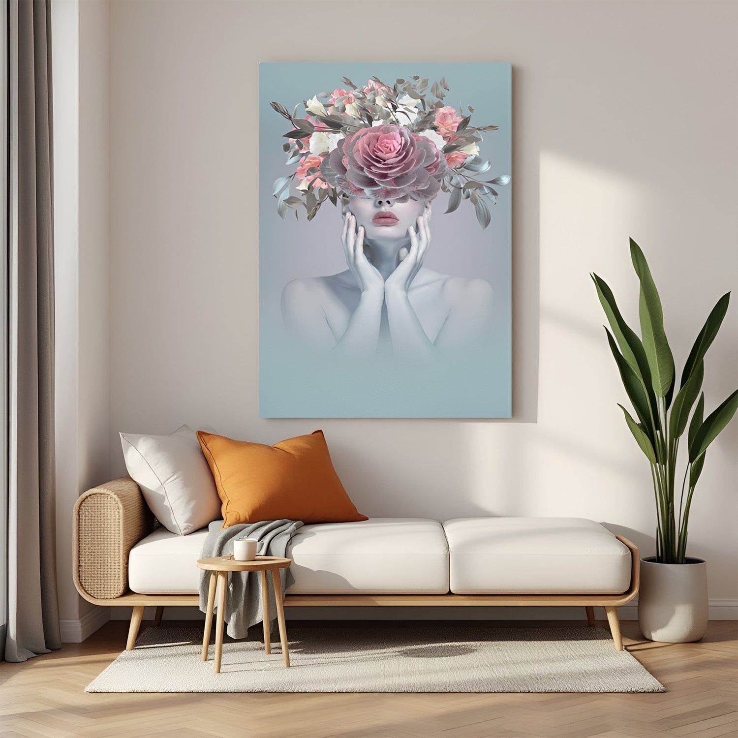 Modern art canvas showing a woman’s face with flowers growing from her nose and forehead—symbolic and surreal floral fusion wall decor
