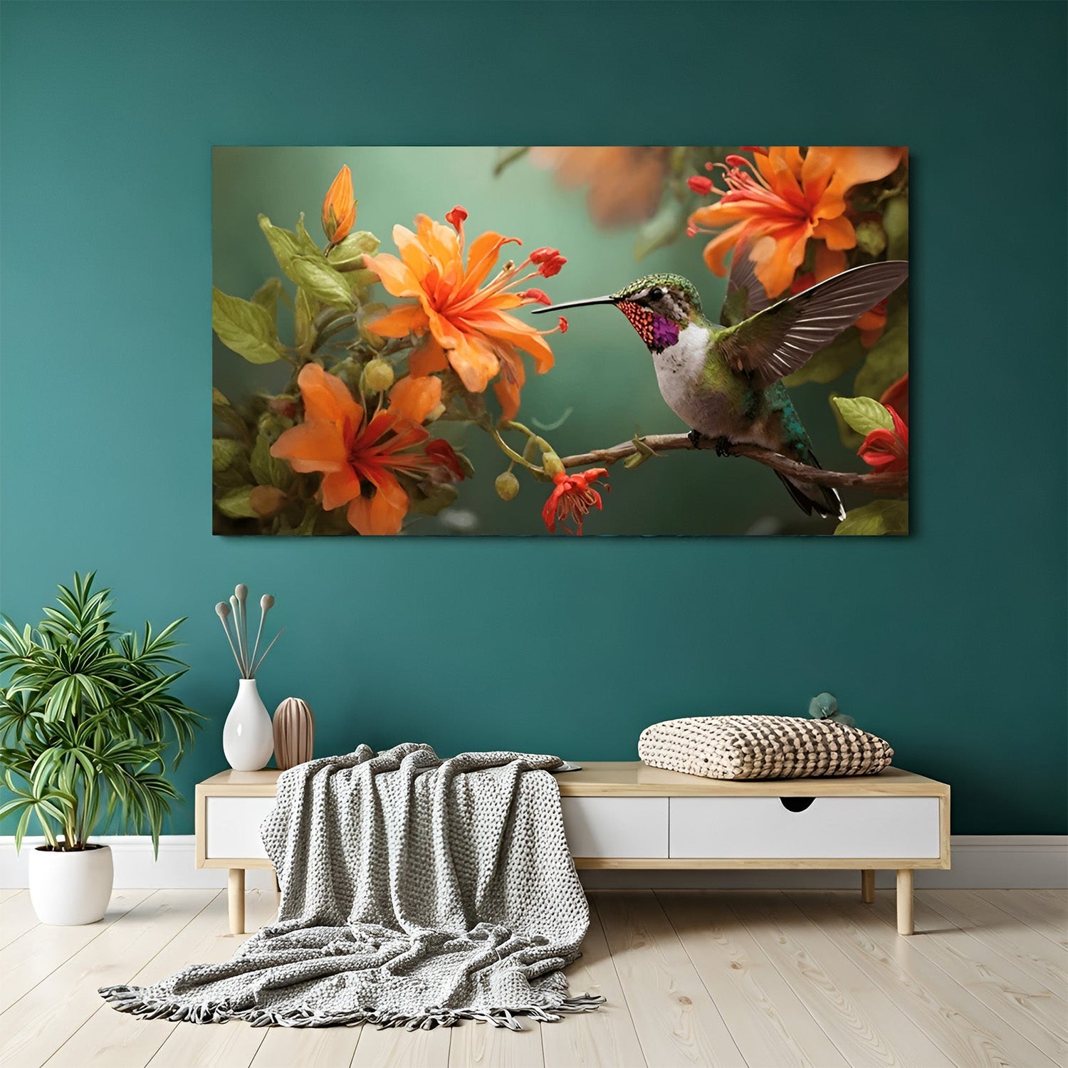 Canvas wall art showing a bird perched beside a flower, perfect for nature-inspired decor