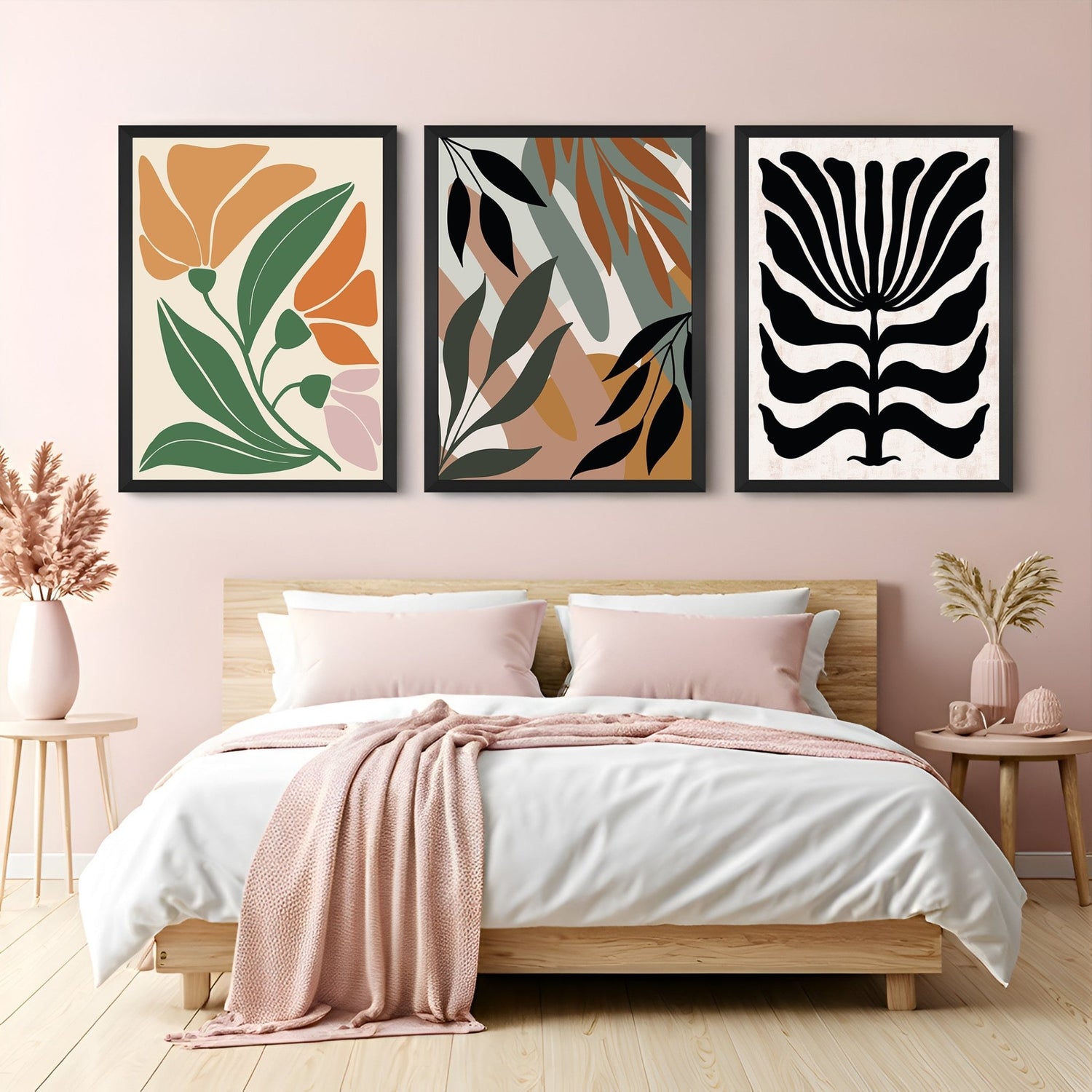 Bohemian canvas trio with flower artwork – floral-themed set of 3 perfect for bedrooms, living rooms, or cozy spaces