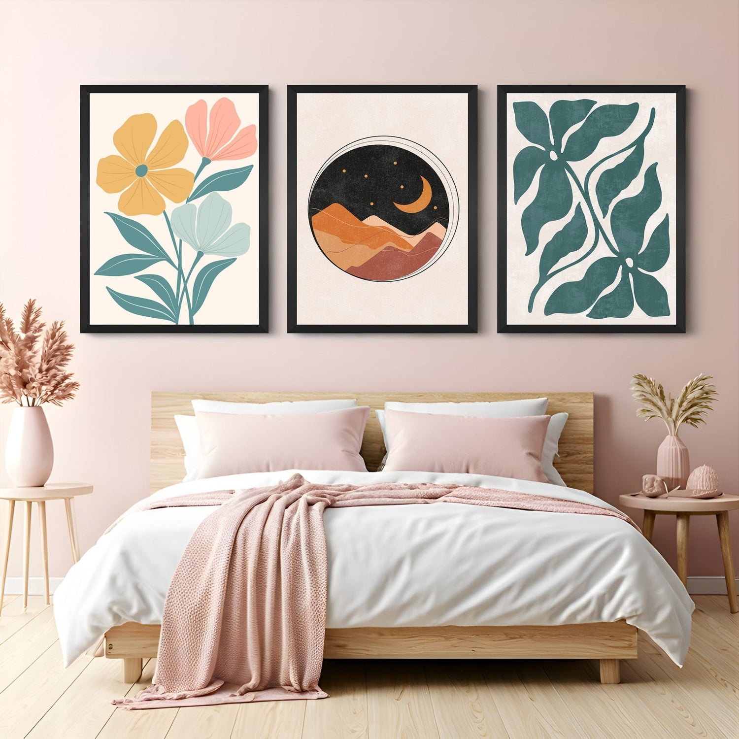 Bohemian wall art trio with single flower, moonlit sand mountain, and soft floral design – perfect for modern boho interiors