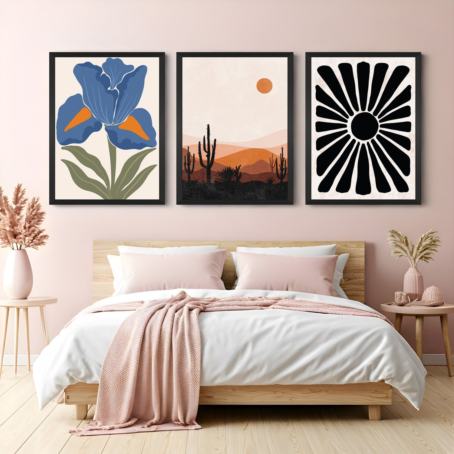Bohemian canvas trio with flower, desert scene, and monochrome sun – perfect for calm, neutral, and artistic spaces