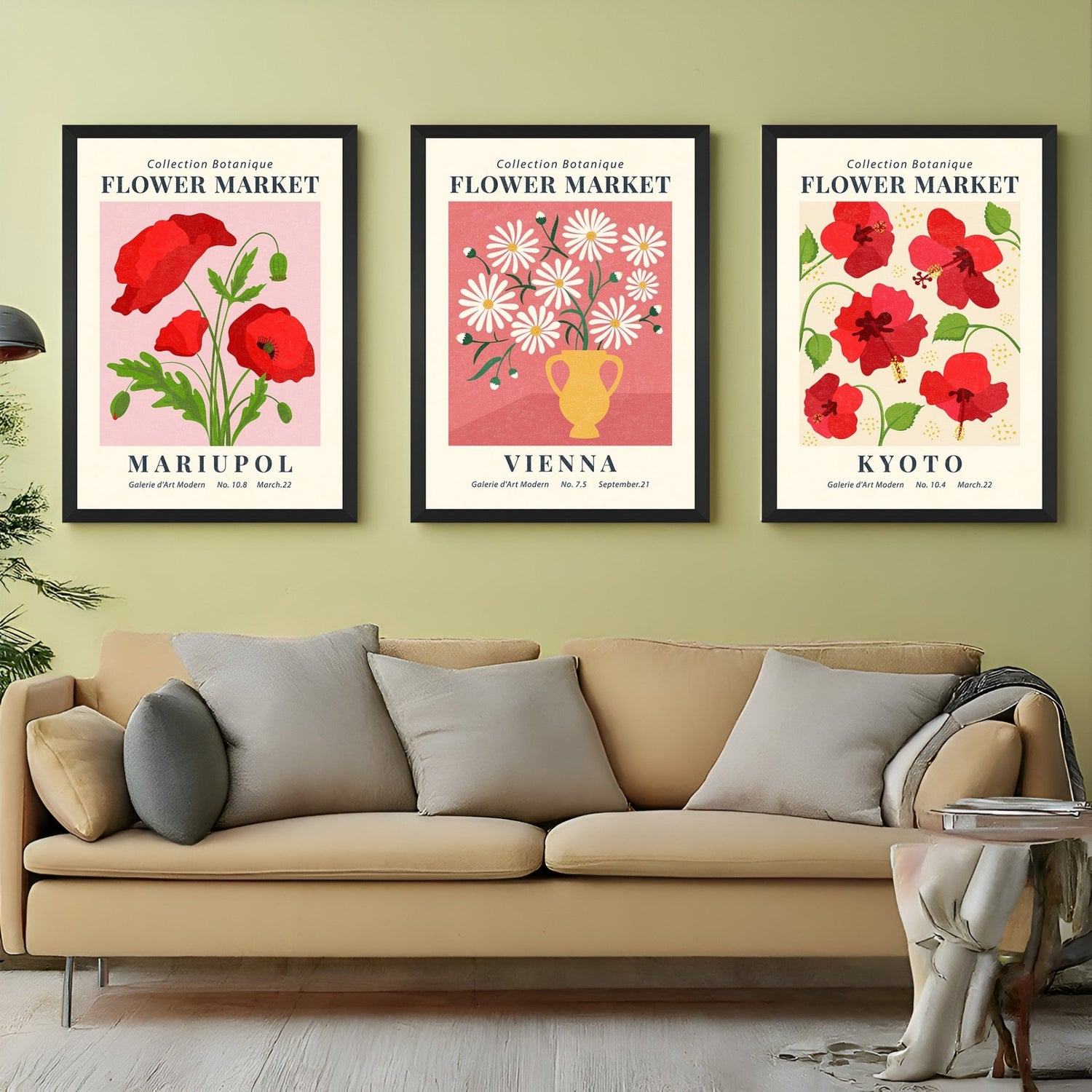 Canvas wall art set of 3 featuring “Flower Market” text with Mariupol, Vienna, and Kyoto city names and soft floral artwork – perfect for elegant decor