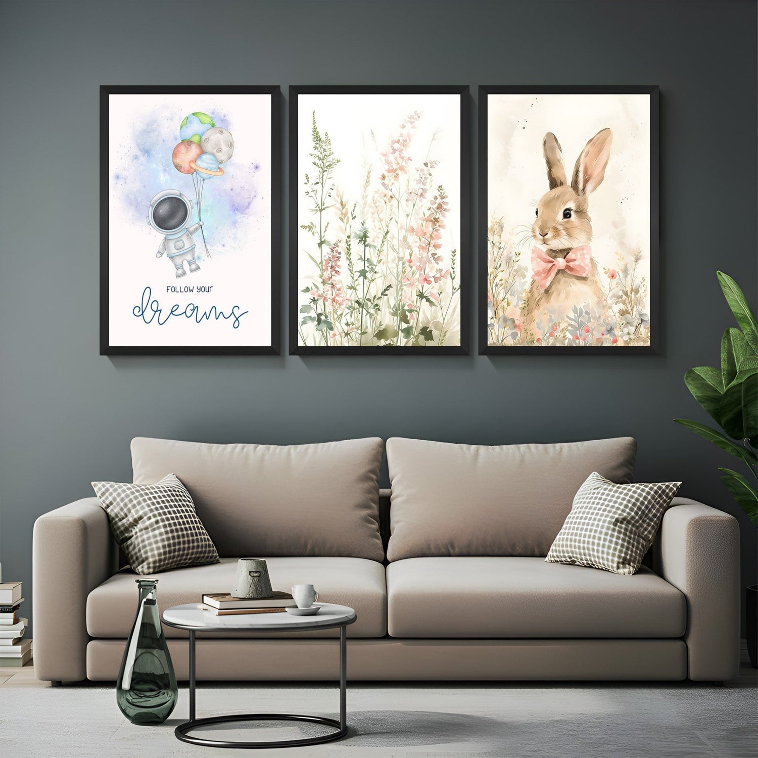Canvas wall art set featuring a “Follow Your Dreams” astronaut, soft floral grass design, and sweet rabbit – perfect for imaginative and cozy kids rooms