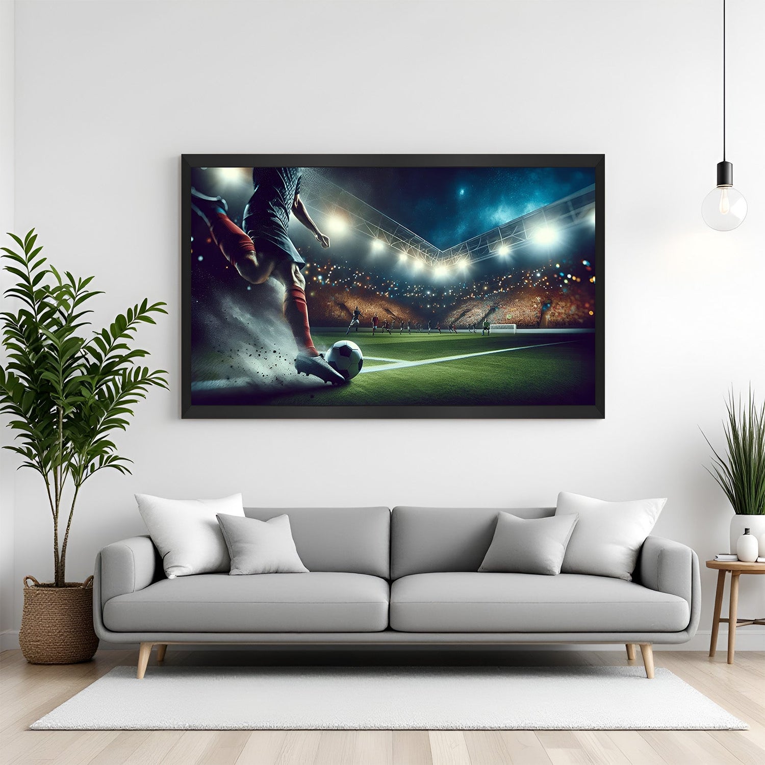 Framed modern art canvas of football player in FIFA stadium preparing for a powerful kick, black frame version for sports-inspired interiors