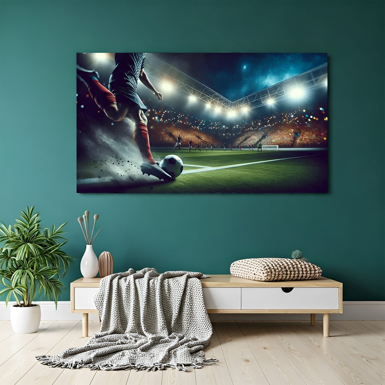 Canvas wall art showing a footballer about to kick the ball inside a FIFA stadium, painted in an energetic modern art style – perfect for football lovers