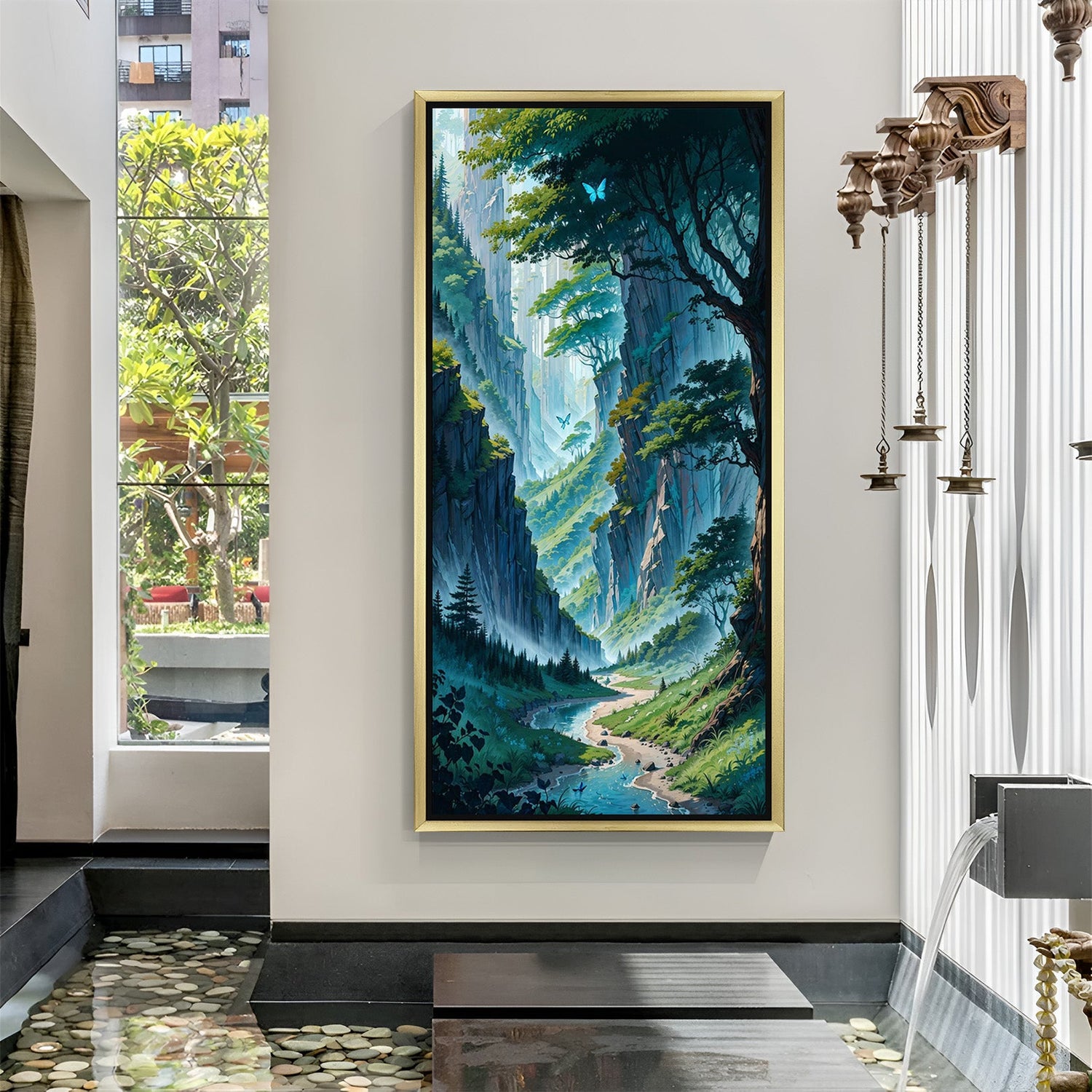 Golden floater frame Forest Canvas Painting for home or office, enhancing space with peaceful greenery and Vastu-aligned balance