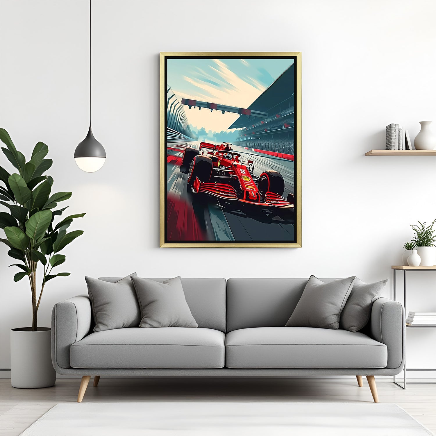 Golden frame canvas artwork featuring a racing Formula 1 car running forward—ideal for luxury spaces inspired by speed and motorsport excellence