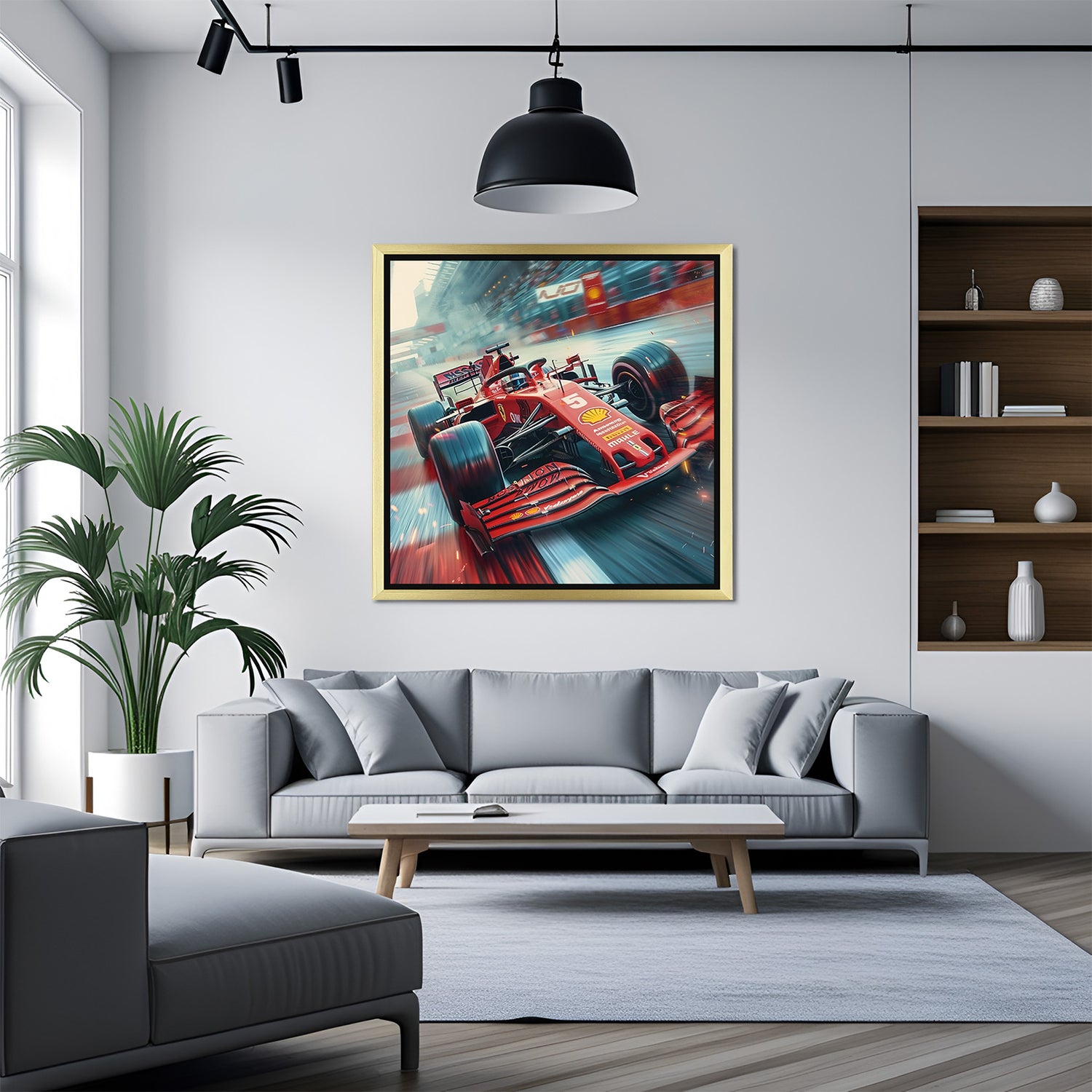 Golden frame Formula 1 wall art showing dynamic car motion, ideal for modern spaces with a love for speed and motorsport aesthetics