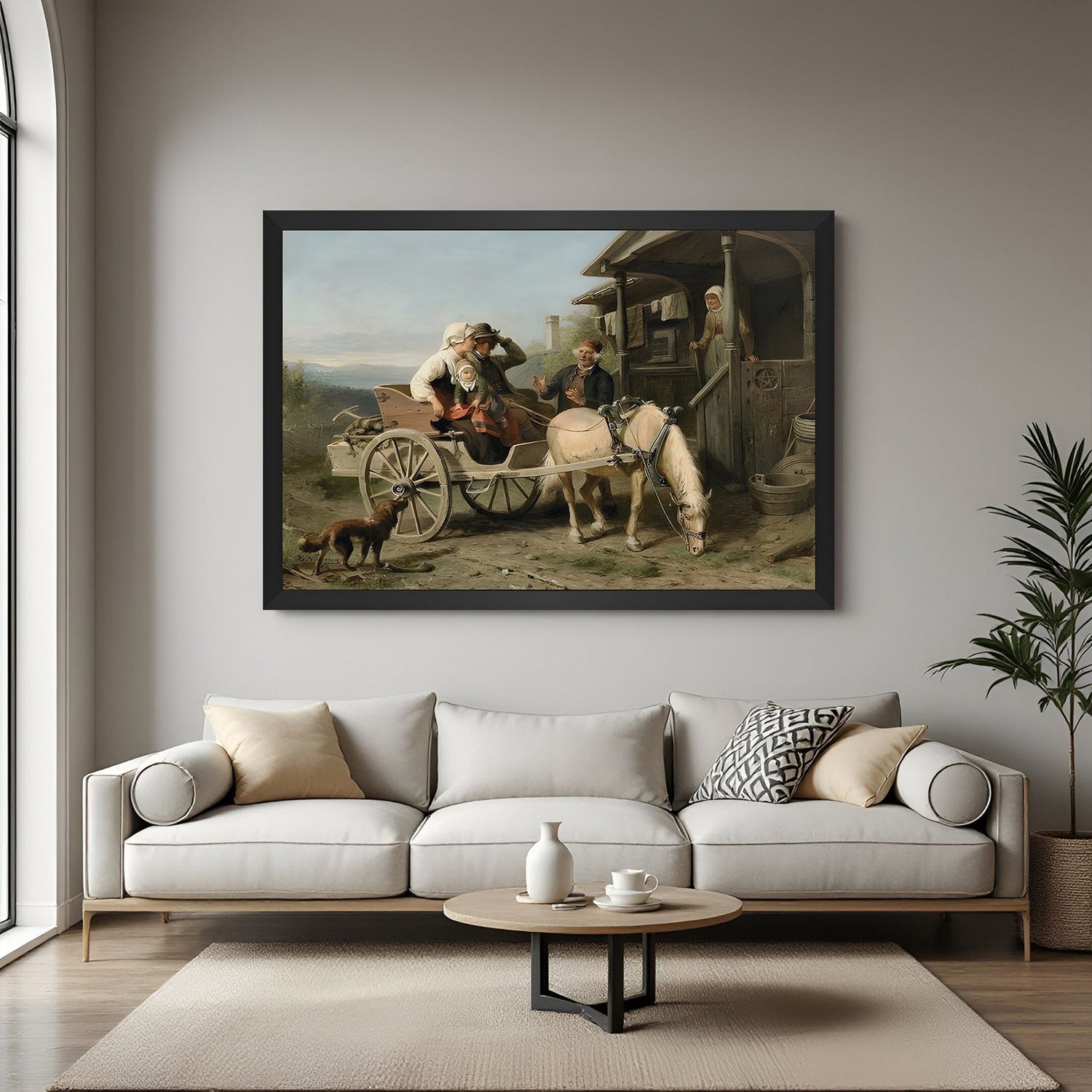Black-framed canvas print of Första Besöket—vintage Scandinavian wall art with cultural storytelling