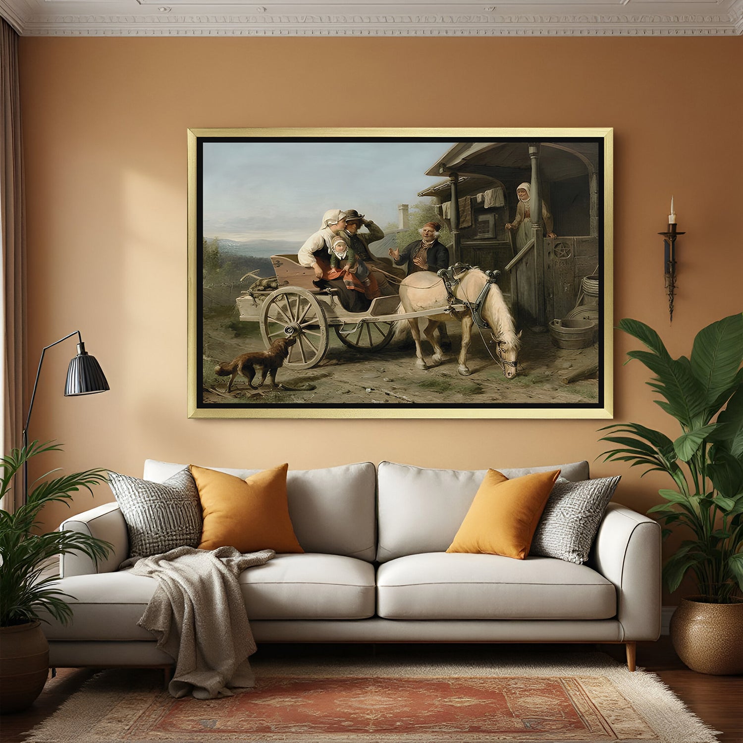 Golden-framed vintage canvas wall art of Första Besöket—ancient-style home decor with Nordic heritage charm