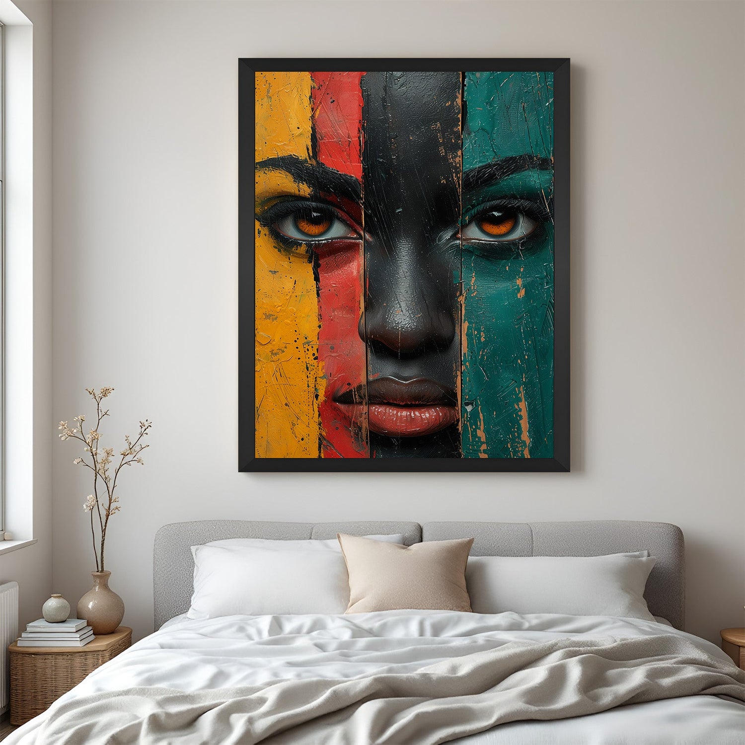 Framed canvas featuring African girl portrait with evenly split yellow, red, black, and green sections on face, in black floater frame