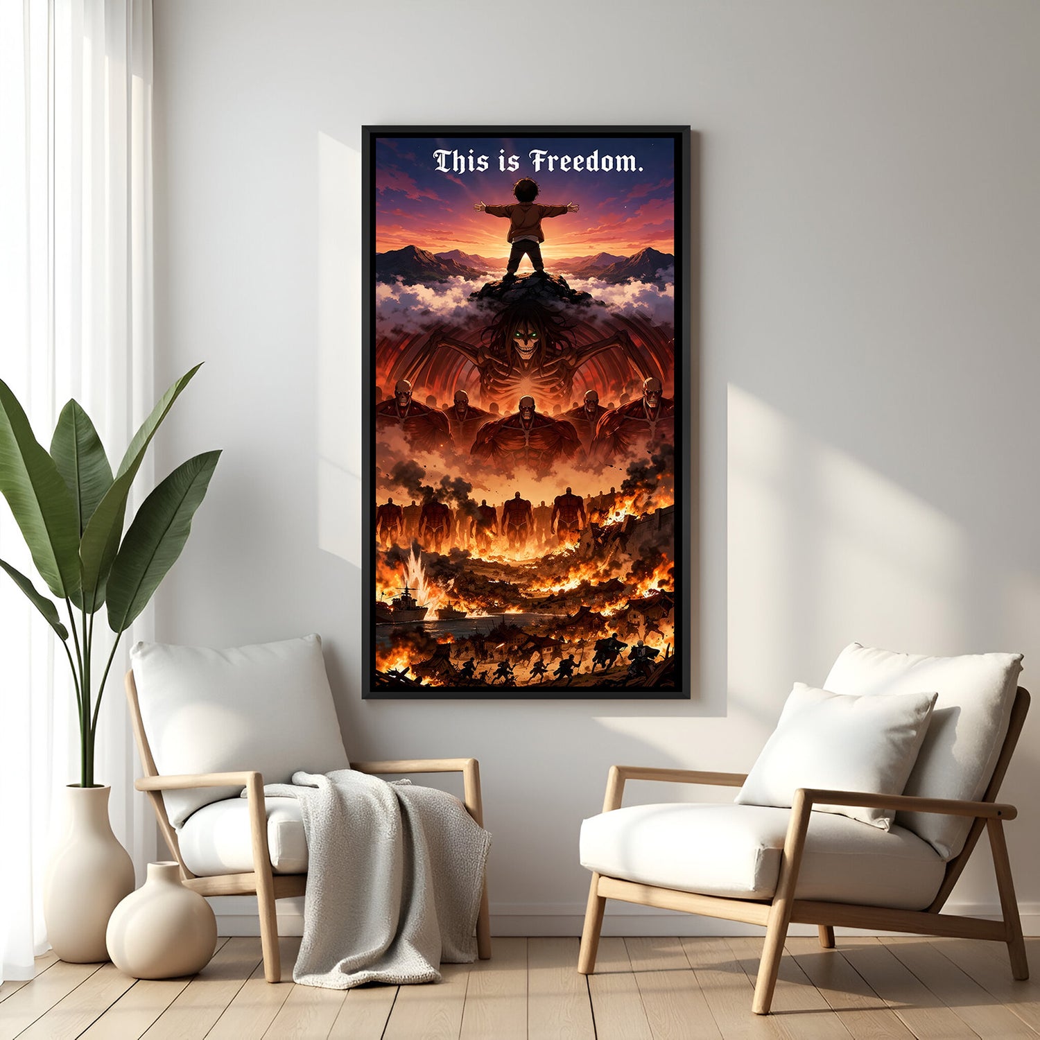 Anime freedom wall art vertical black frame intense scene