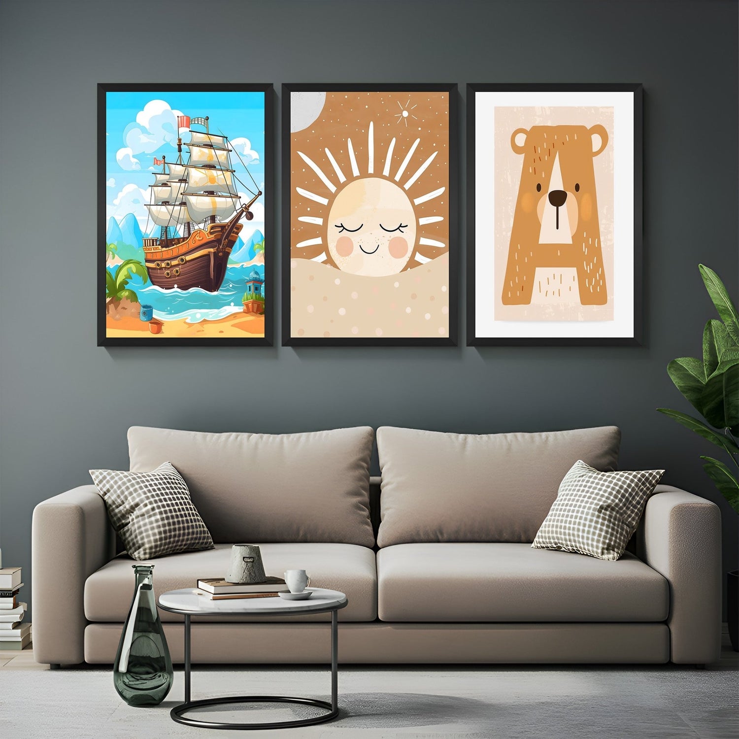Kids canvas wall art set with cartoon battleship, happy sun face, and letter A with bear hidden inside – great for playful, learning-inspired interiors