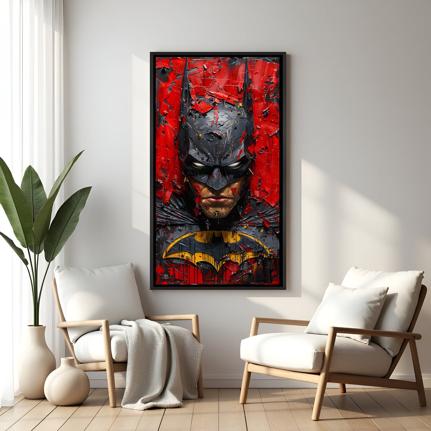 Batman rage portrait artwork in elegant black floater frame with dramatic lighting and fierce expression