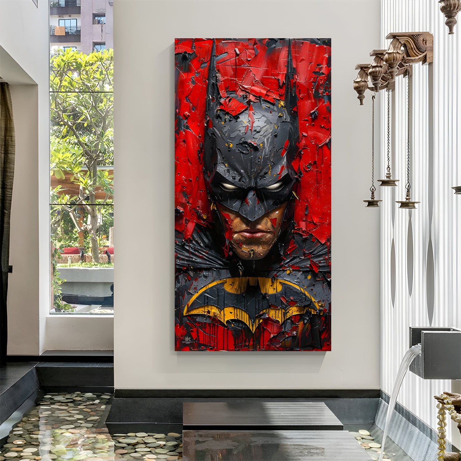 Batman angry face canvas wall art in premium canvas wrapped frame featuring intense superhero portrait artwork