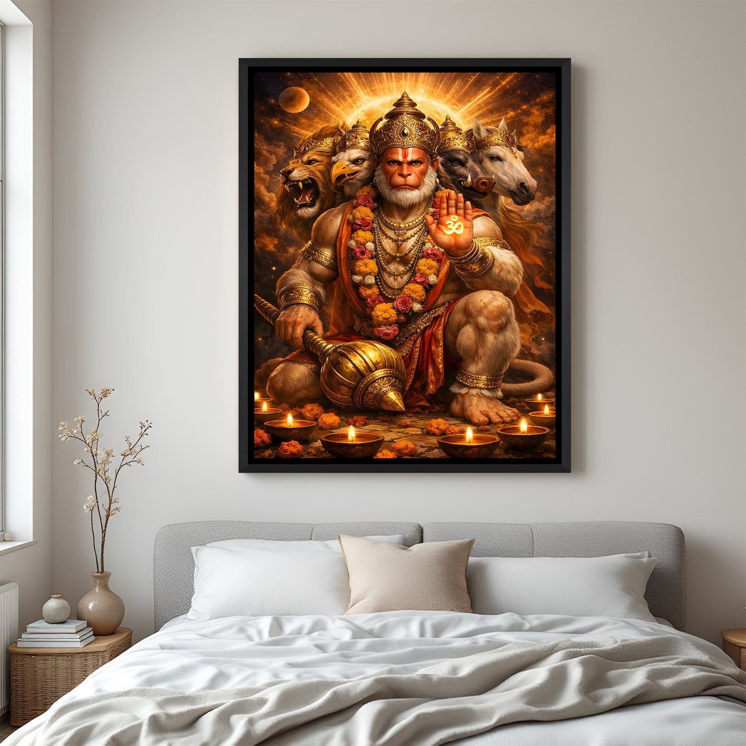 Powerful Panchmukhi Hanuman painting with intense five-faced form in elegant black floater frame