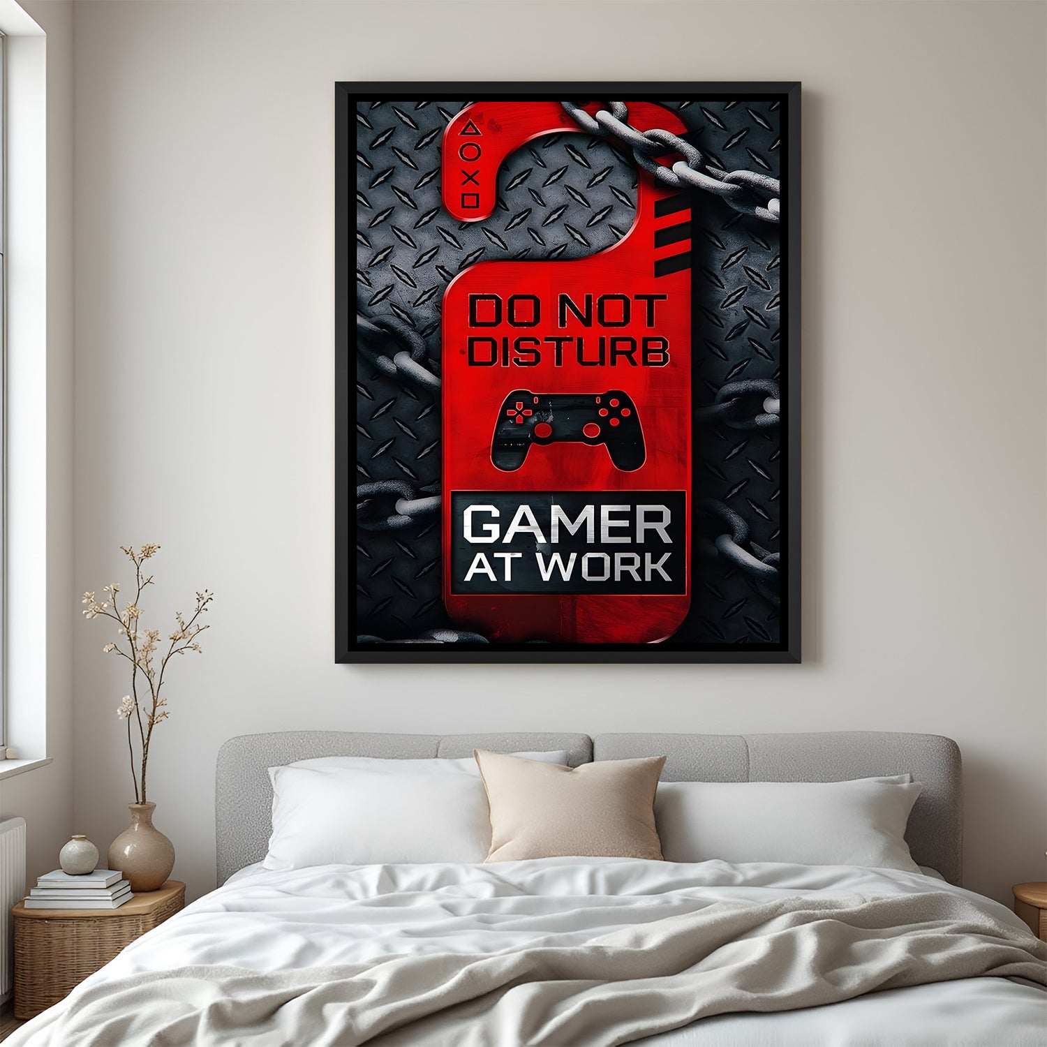 Gamer on Duty wall painting in black floater frame with gaming quote and modern gamer room design