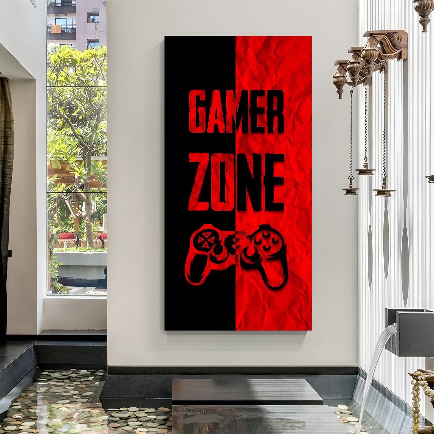 Gamer Zone Dual Tone canvas wall art featuring red and black gaming design with controller in premium canvas wrapped frame