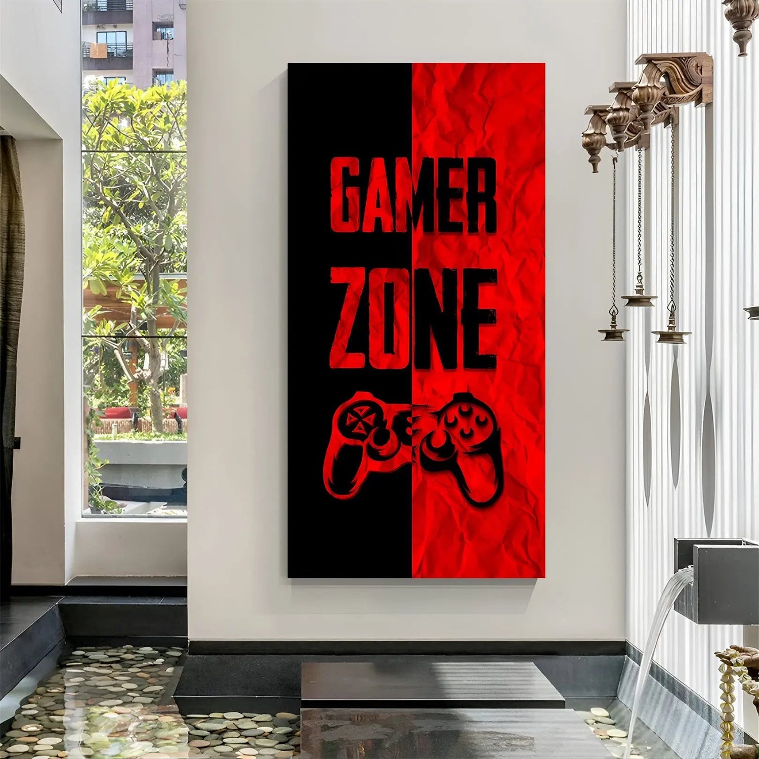 Gamer Zone Dual Tone canvas wall art featuring red and black gaming design with controller in premium canvas wrapped frame