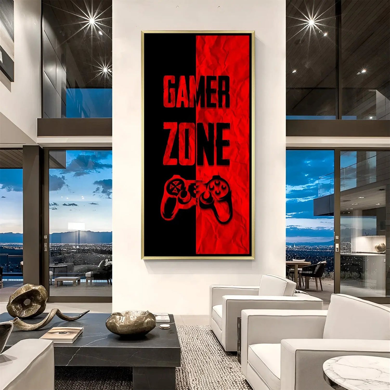 Gamer Zone Dual Tone artwork in luxury golden floater frame featuring modern gaming room decor design