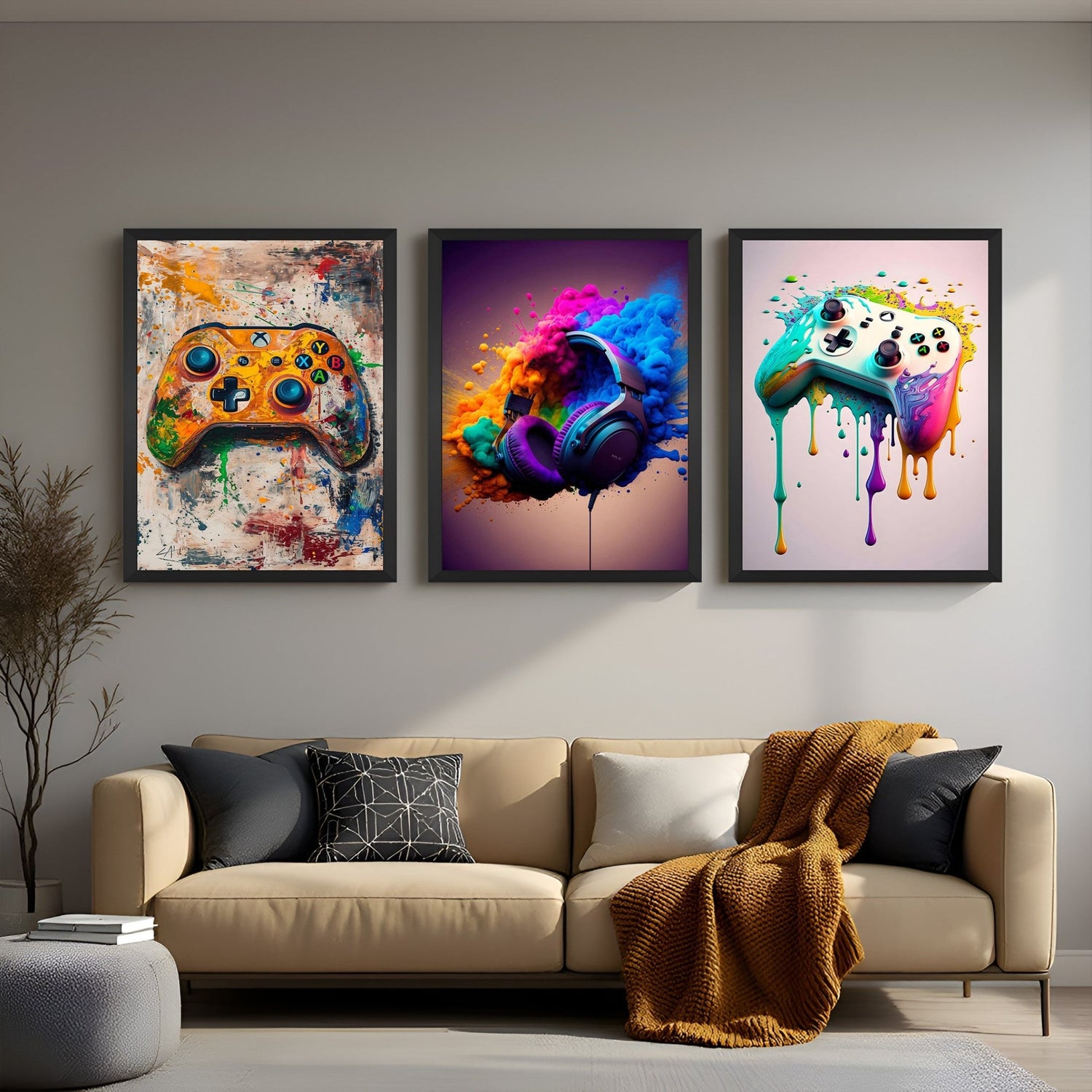 A stylish set of three canvas wall arts featuring a colorful Xbox controller, headphones with vibrant paint explosion, and a paint-dripping gaming console – perfect for modern gaming and music-themed decor.