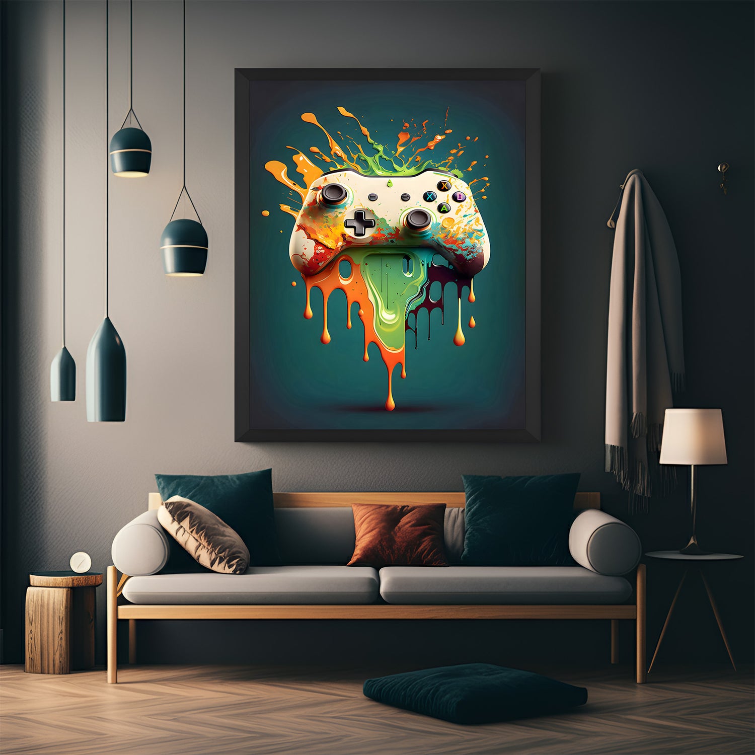 Framed canvas wall art of a gaming console with bold paint splashes on a calming green backdrop, ideal modern decor for gaming zones and entertainment spaces