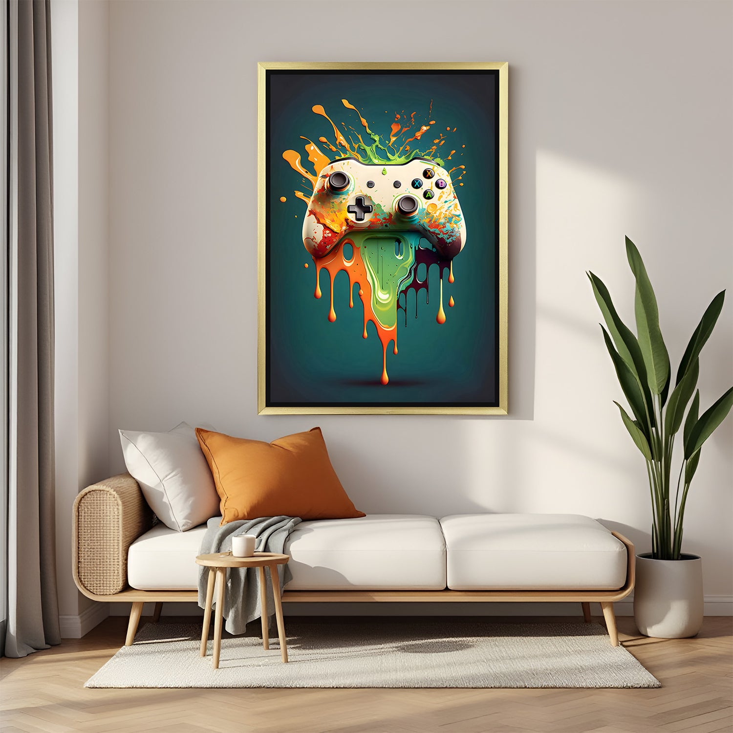 Golden frame gaming console canvas with a stylish paint splash effect and green-toned background, designed as modern gamer wall art for vibrant interiors