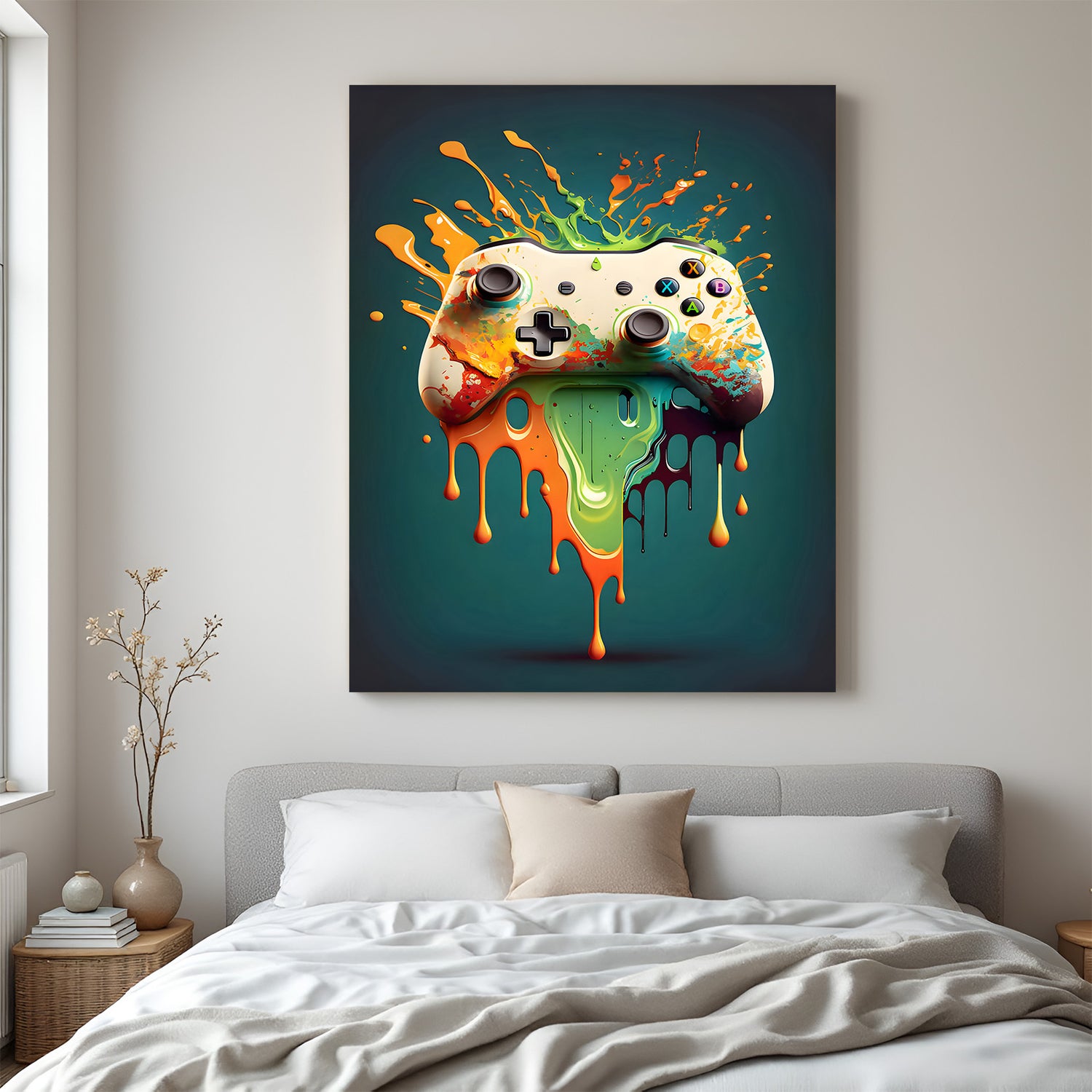 Gaming console modern art canvas featuring a central console with vibrant paint splash on a green background, perfect wall decor for gamers and modern interiors