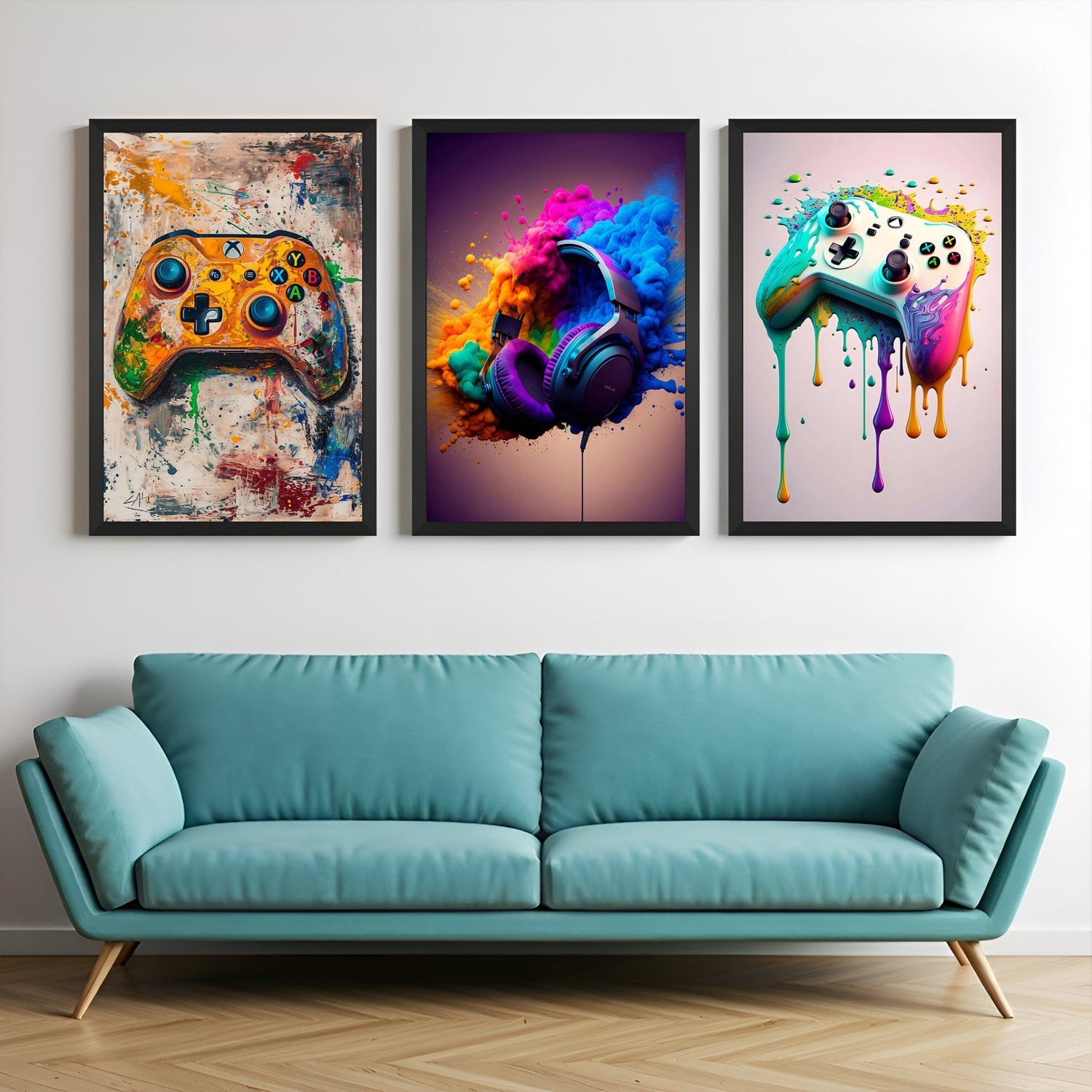 Set of 3 abstract canvas prints featuring Xbox controllers and headphones with paint splashes and dripping colors – perfect for modern gaming or music room wall decor