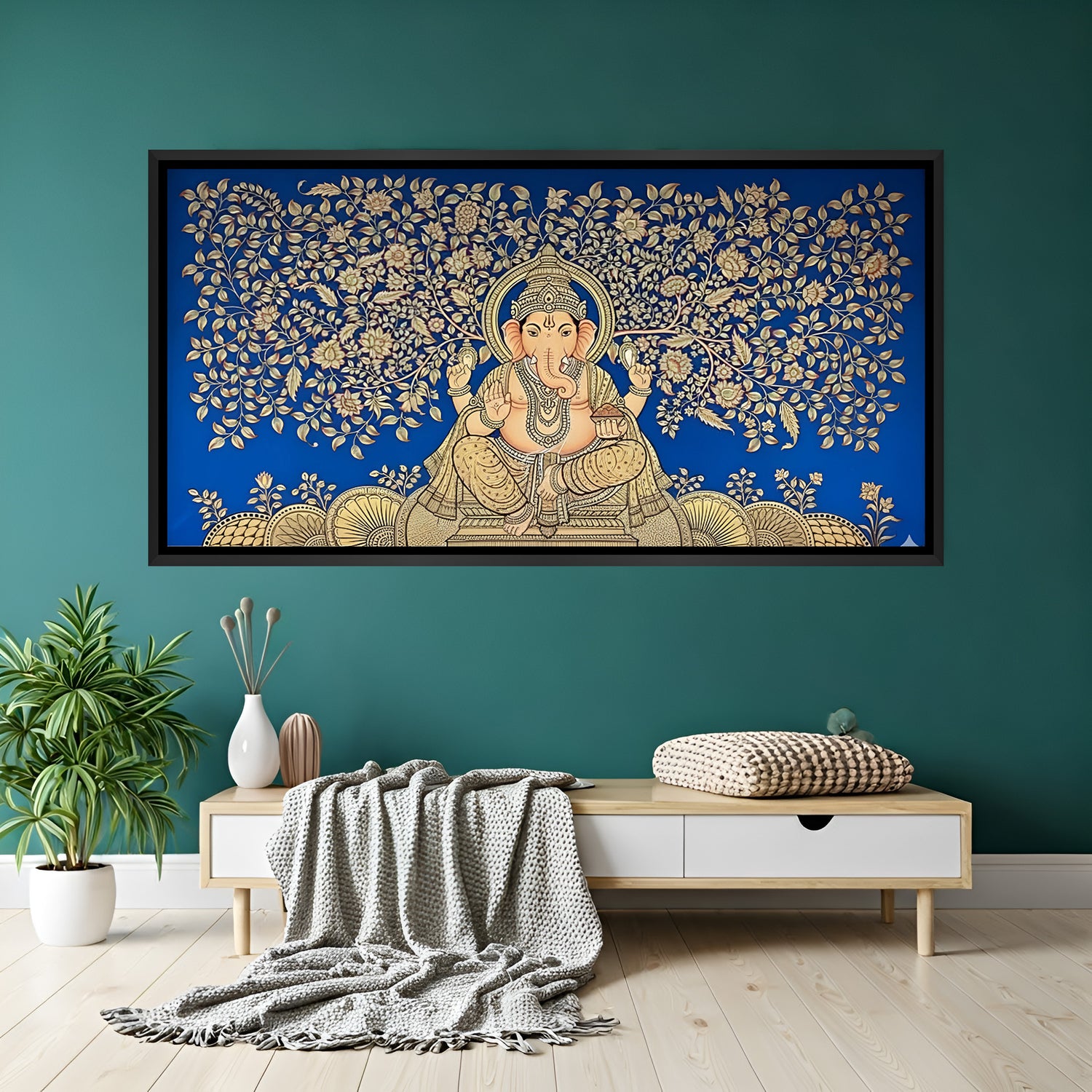 Hand-painted Ganesh Ji canvas wall art in black floater frame for home decor