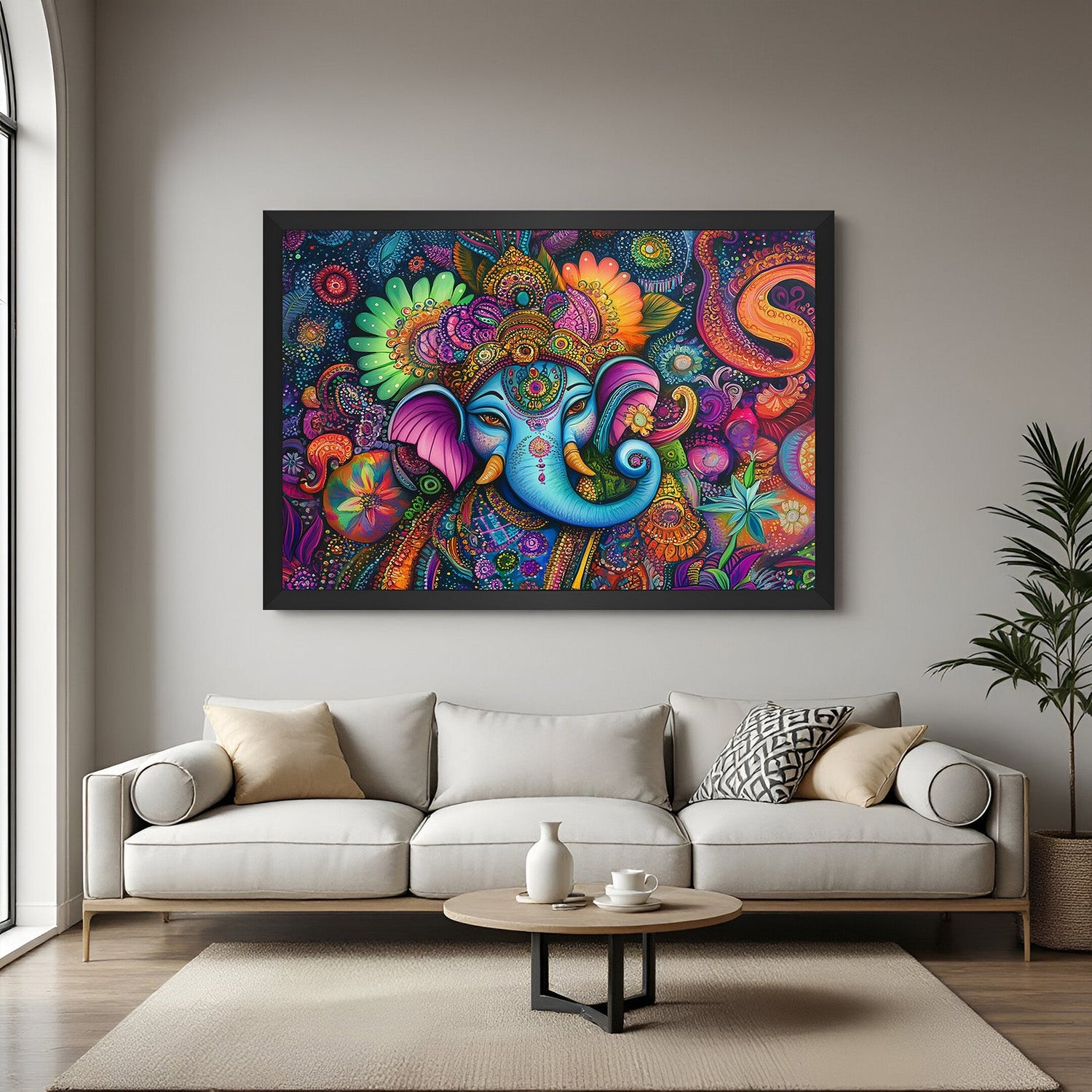 Ganesh ji painting in black floater frame with spiritual artwork, vastu harmony, and modern Indian decor for peace and prosperity