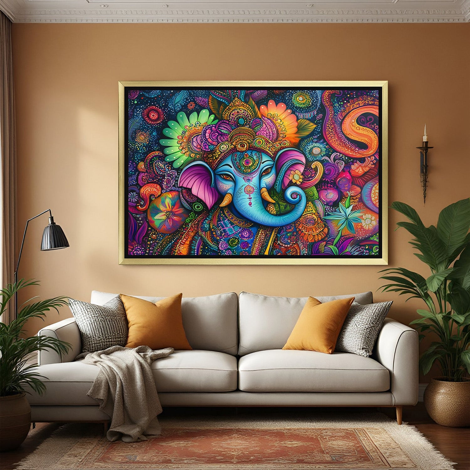 Ganesh ji vastu wall art in golden floater frame with sacred energy, elegant finish, and traditional Indian canvas painting for positive space decor
