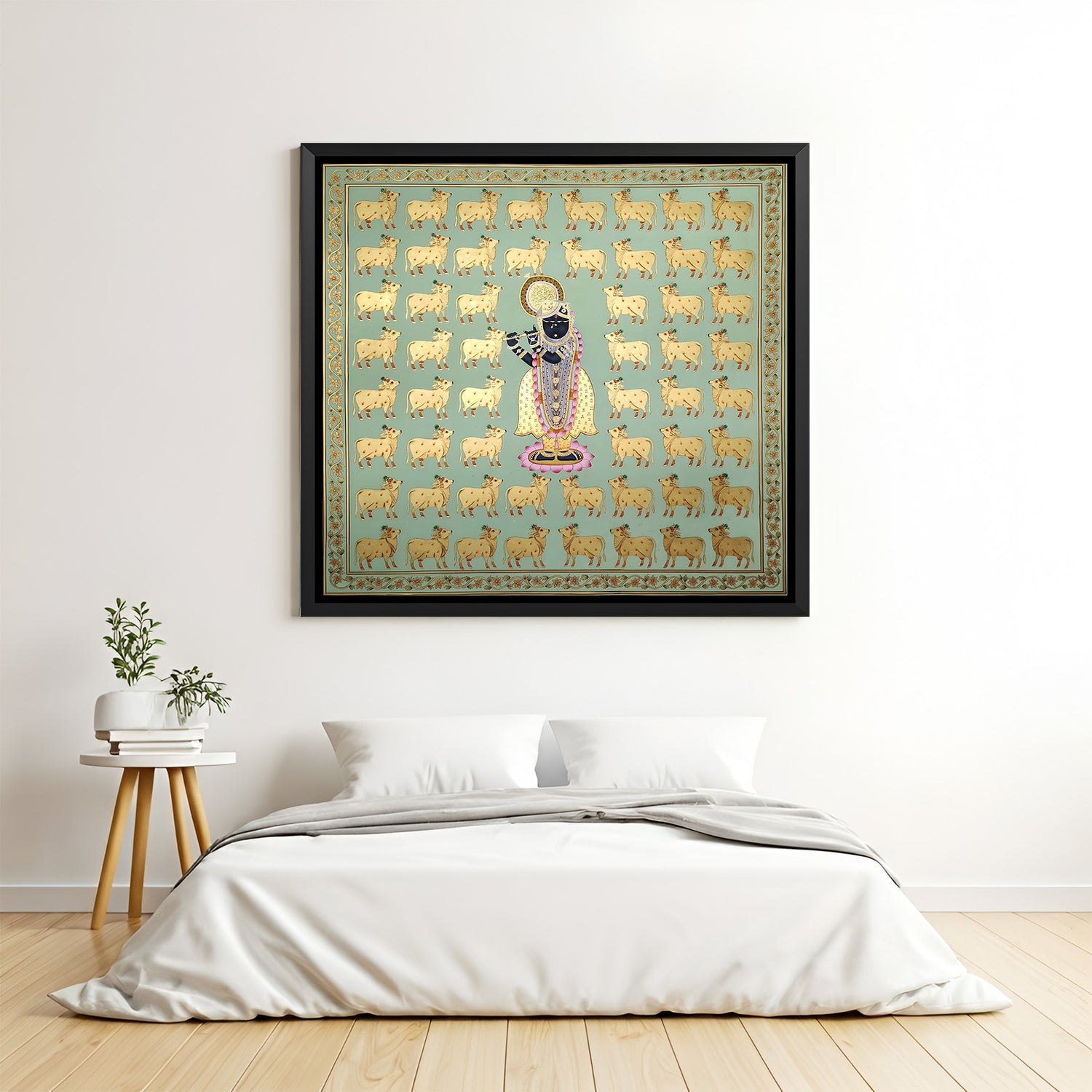 Shrinathji Pichwai artwork with numerous golden cows in elegant black floater frame