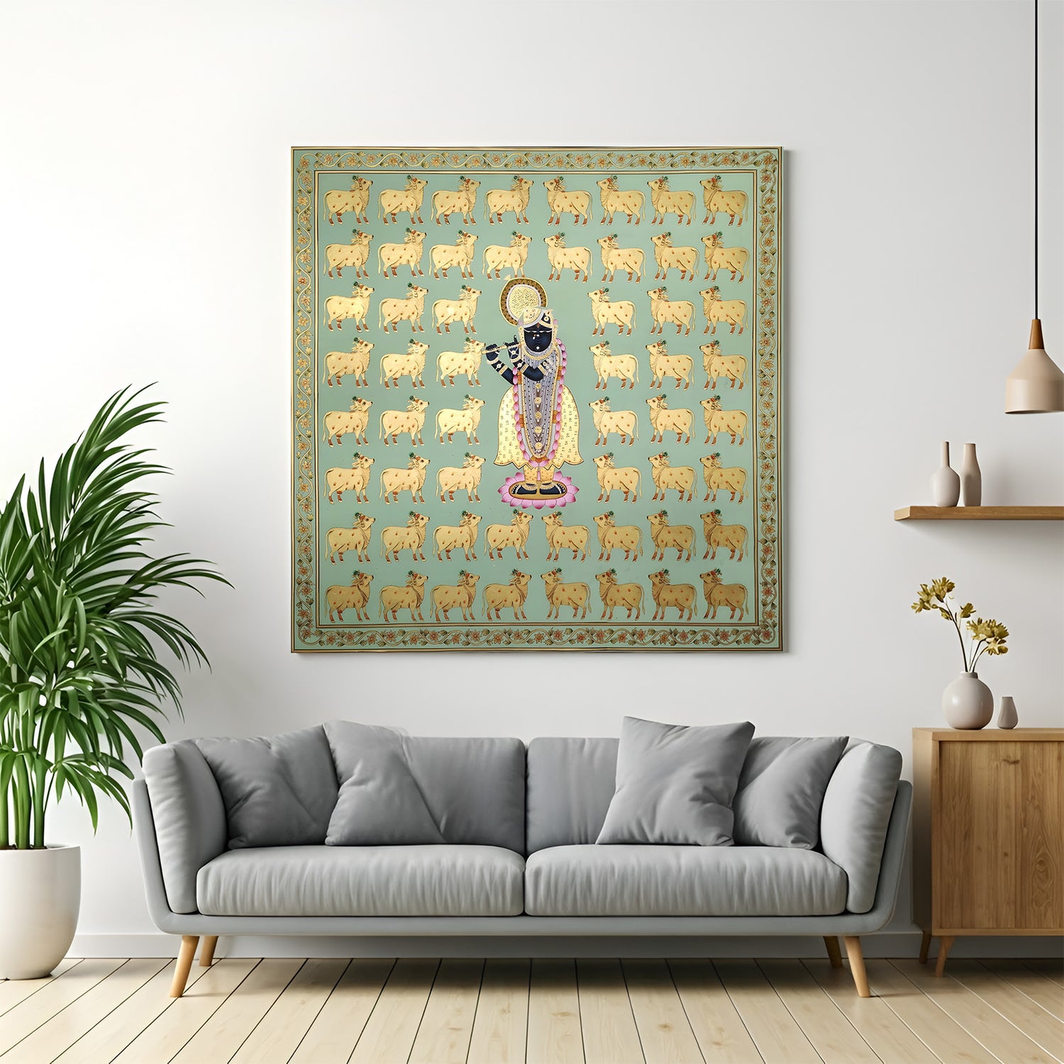 Traditional Nathdwara Pichwai painting of Lord Shrinathji surrounded by golden cows in premium canvas wrapped frame