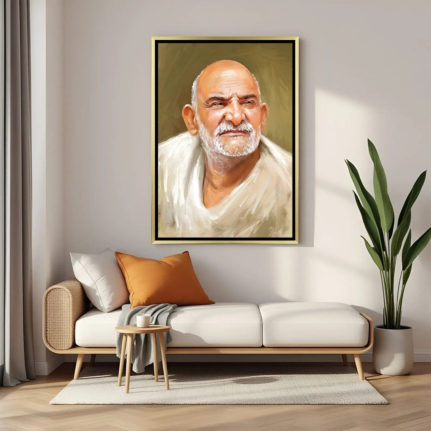 Gaze of Eternal Compassion Neem Karoli Baba artwork in luxury golden floater frame featuring detailed spiritual portrait