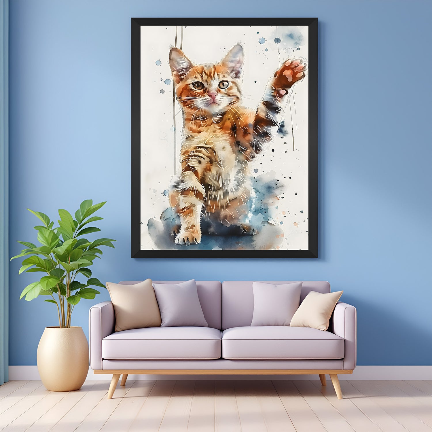 Elegant sleeping cat canvas in black floater frame, ideal for tranquil and peaceful wall decor in modern bedrooms or cozy corners