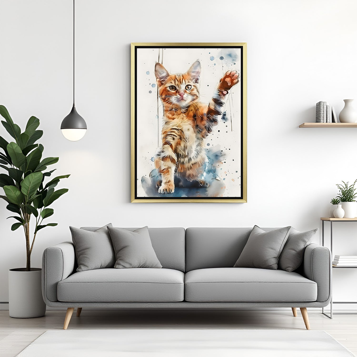 Graceful resting cat printed on canvas with golden floater frame, perfect minimalist animal wall art for serene home decor
