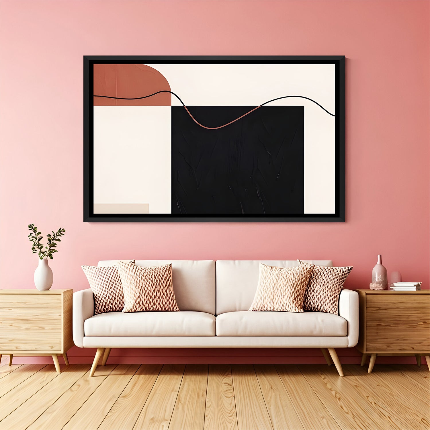 Modern geometric abstract painting with clean lines in black frame for minimalist interiors