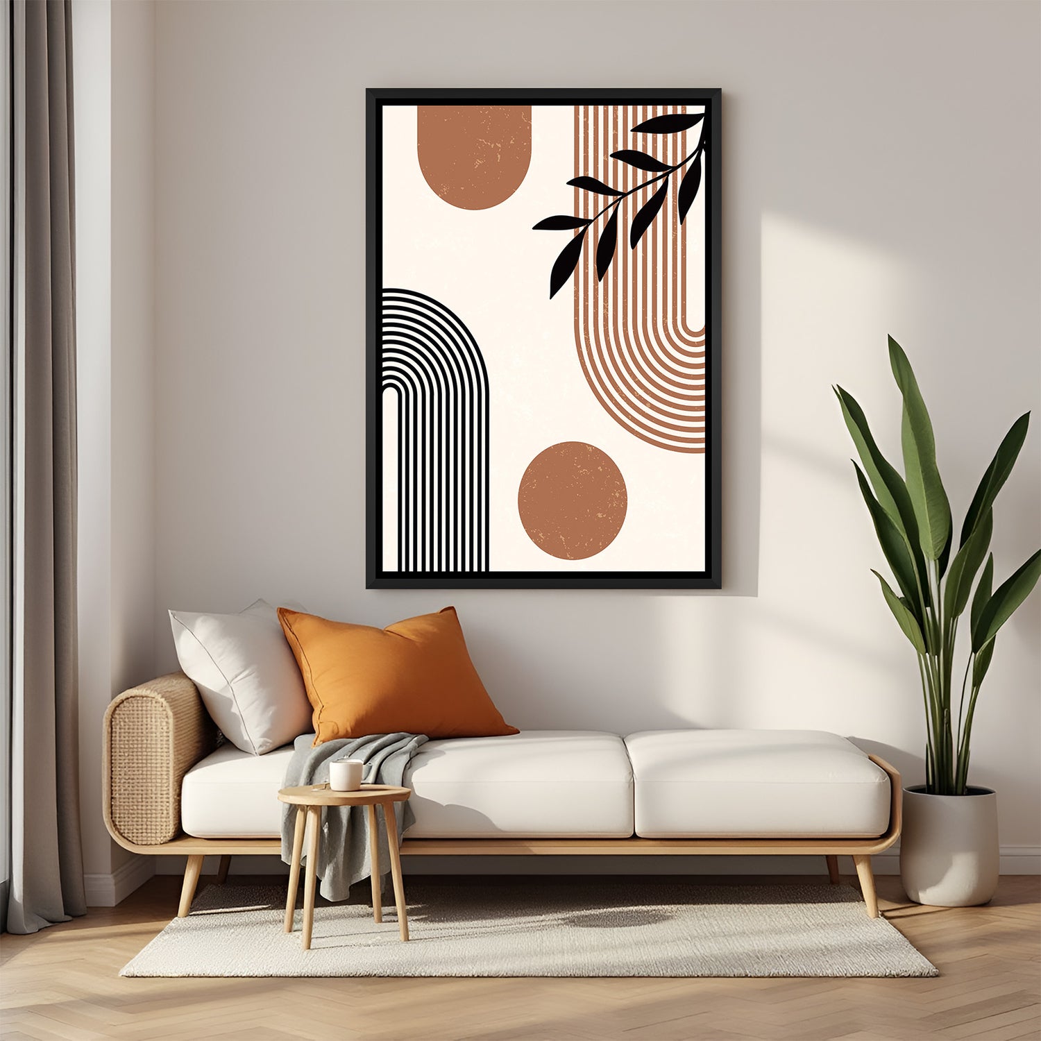 Modern boho abstract canvas with black floater frame – lines, curves, and circular forms