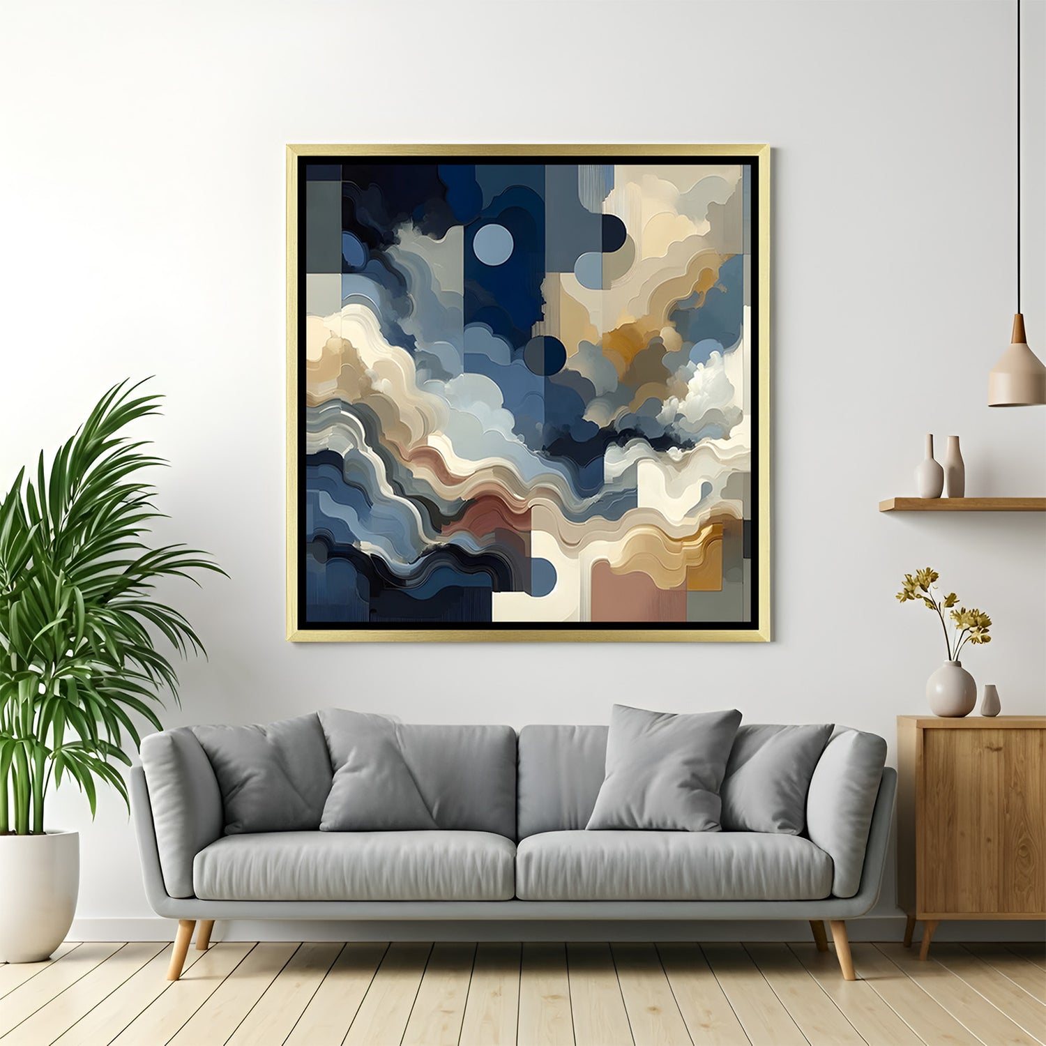 Abstract cloud landscape canvas art with golden floater frame