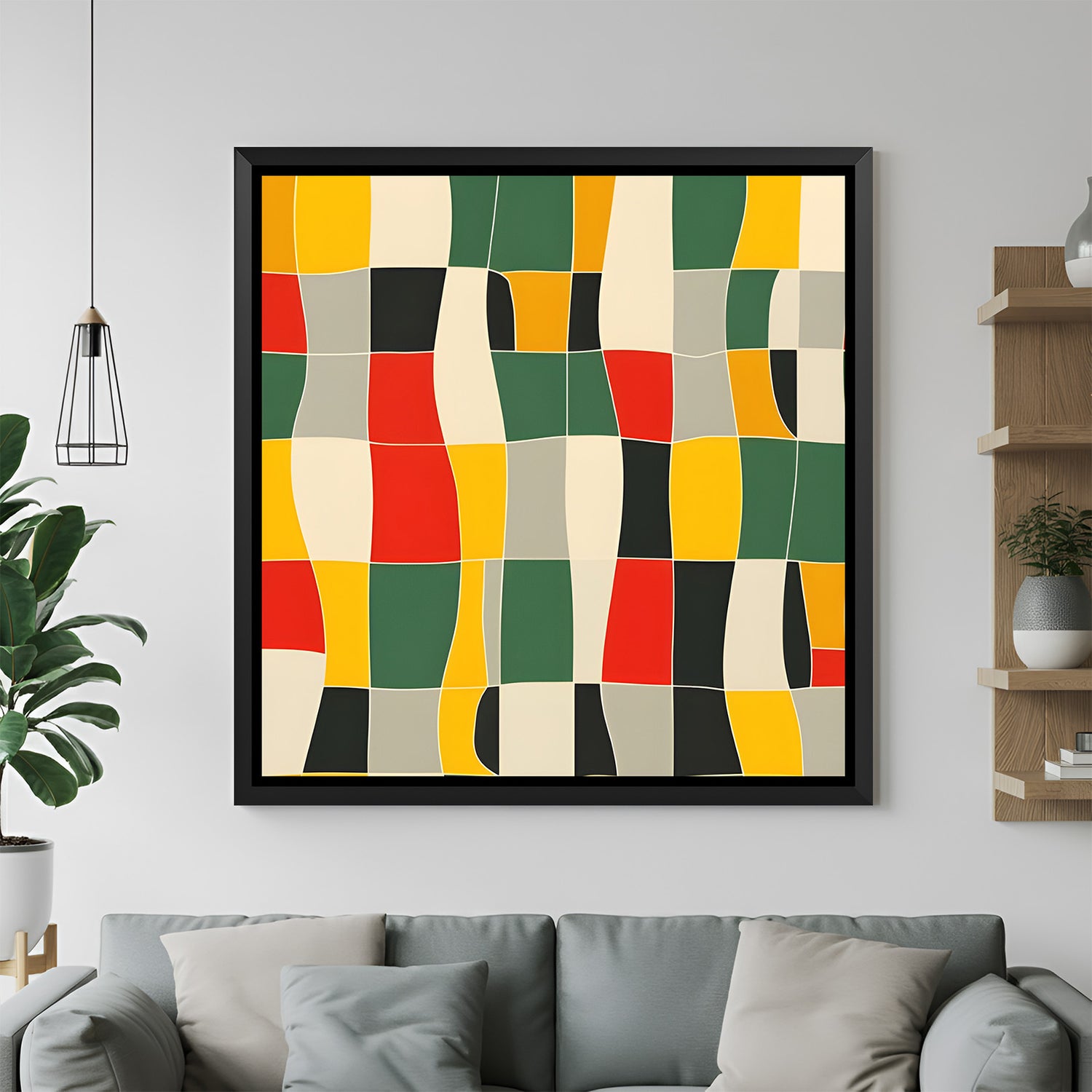 Modern geometric color block painting in black floater frame