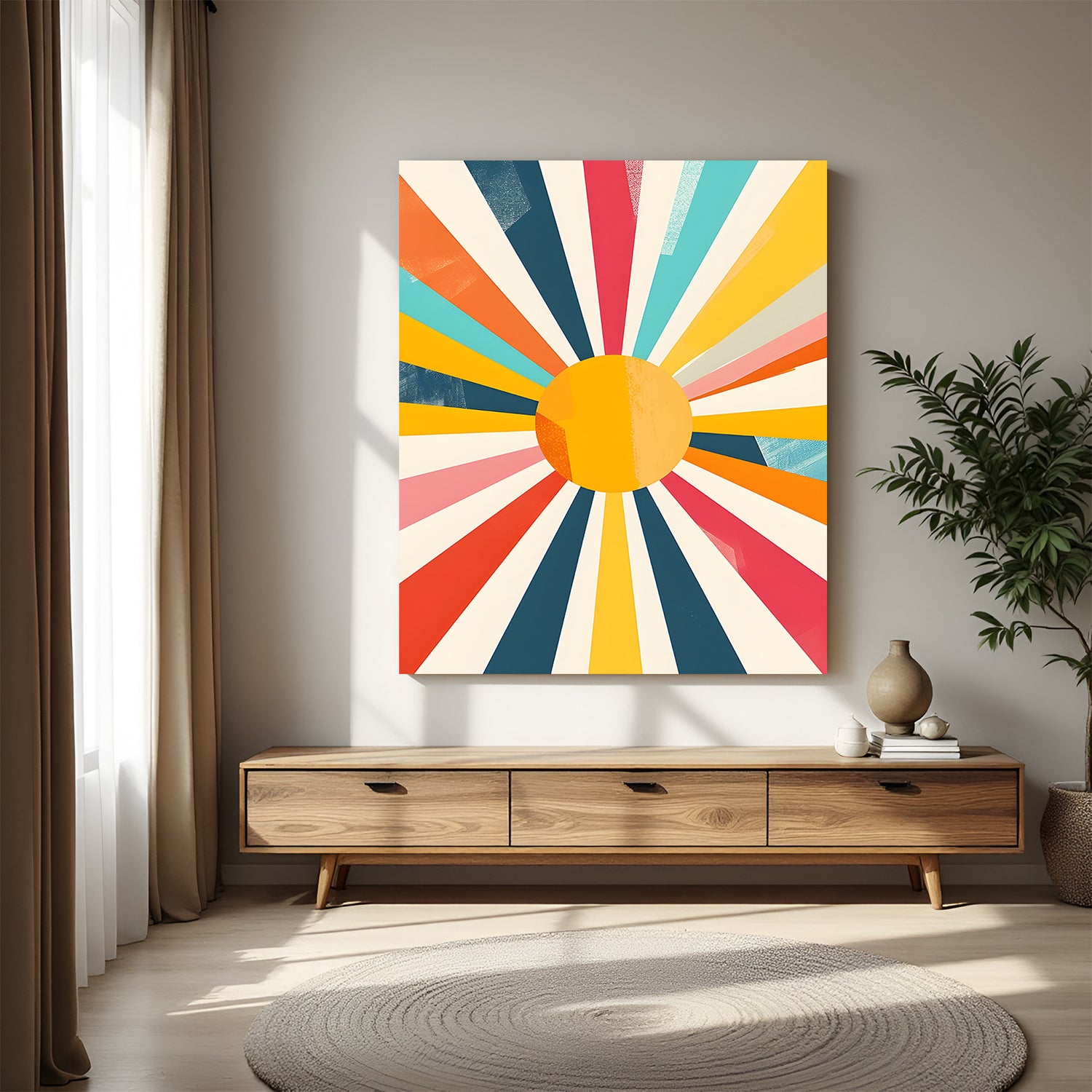 Geometric colorful sun abstract wall art with multicolored rays on canvas