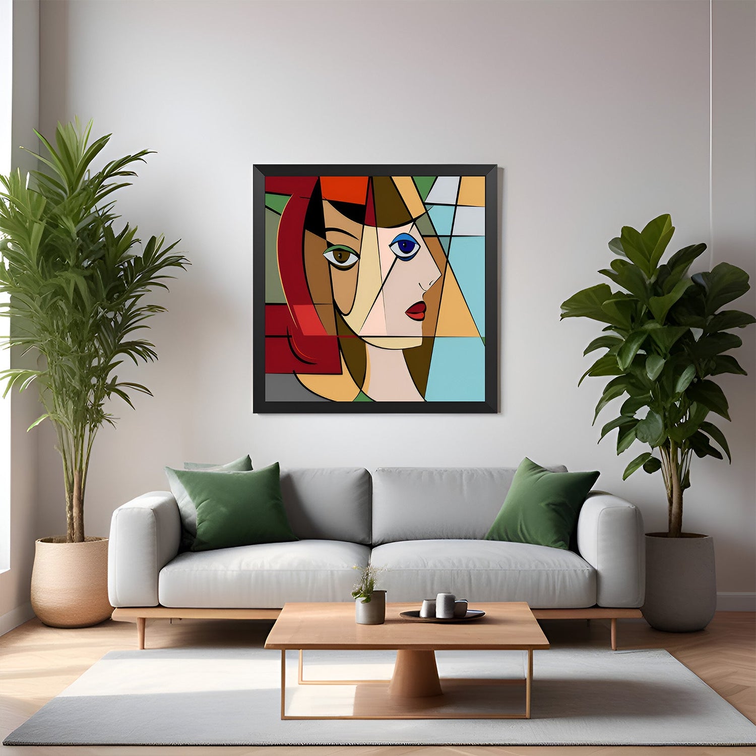 Black frame geometric face wall art – abstract face formed by colorful geometric shapes on canvas for modern wall styling