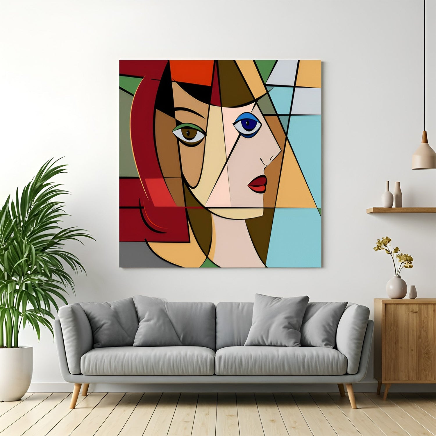 Geometric face abstract wall art – modern face design created with layered geometric shapes in bold colors on premium canvas