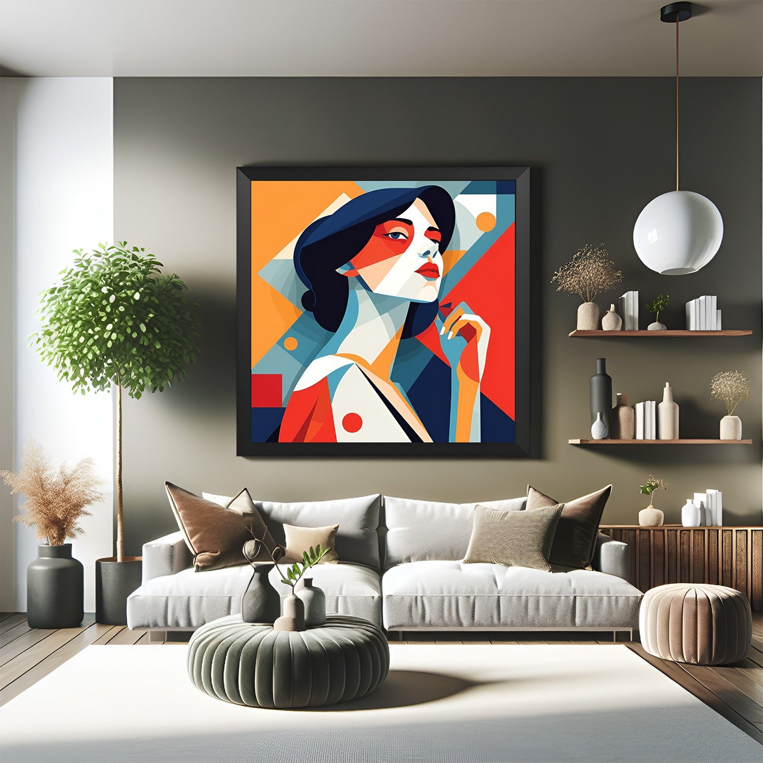 Black frame geometric lady canvas – abstract modern female face artwork in vibrant colors for bold and stylish wall decor
