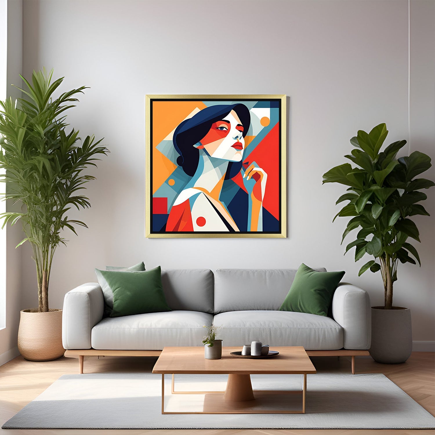 Golden frame abstract female wall art – geometric lady face on printed canvas, perfect for modern and elegant home interiors